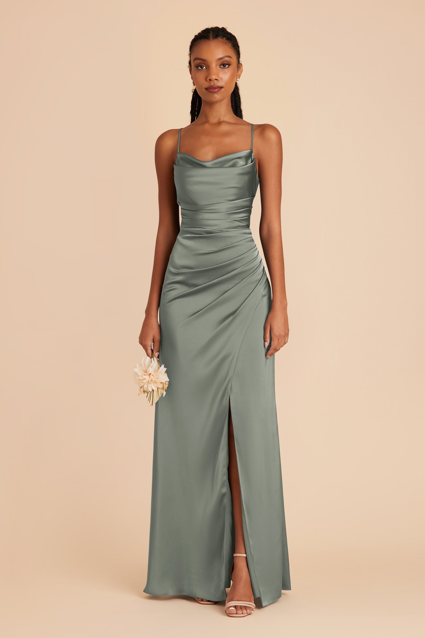 Matte Satin Bridesmaid Dress with Cowl Neck | Lydia - Sea Glass