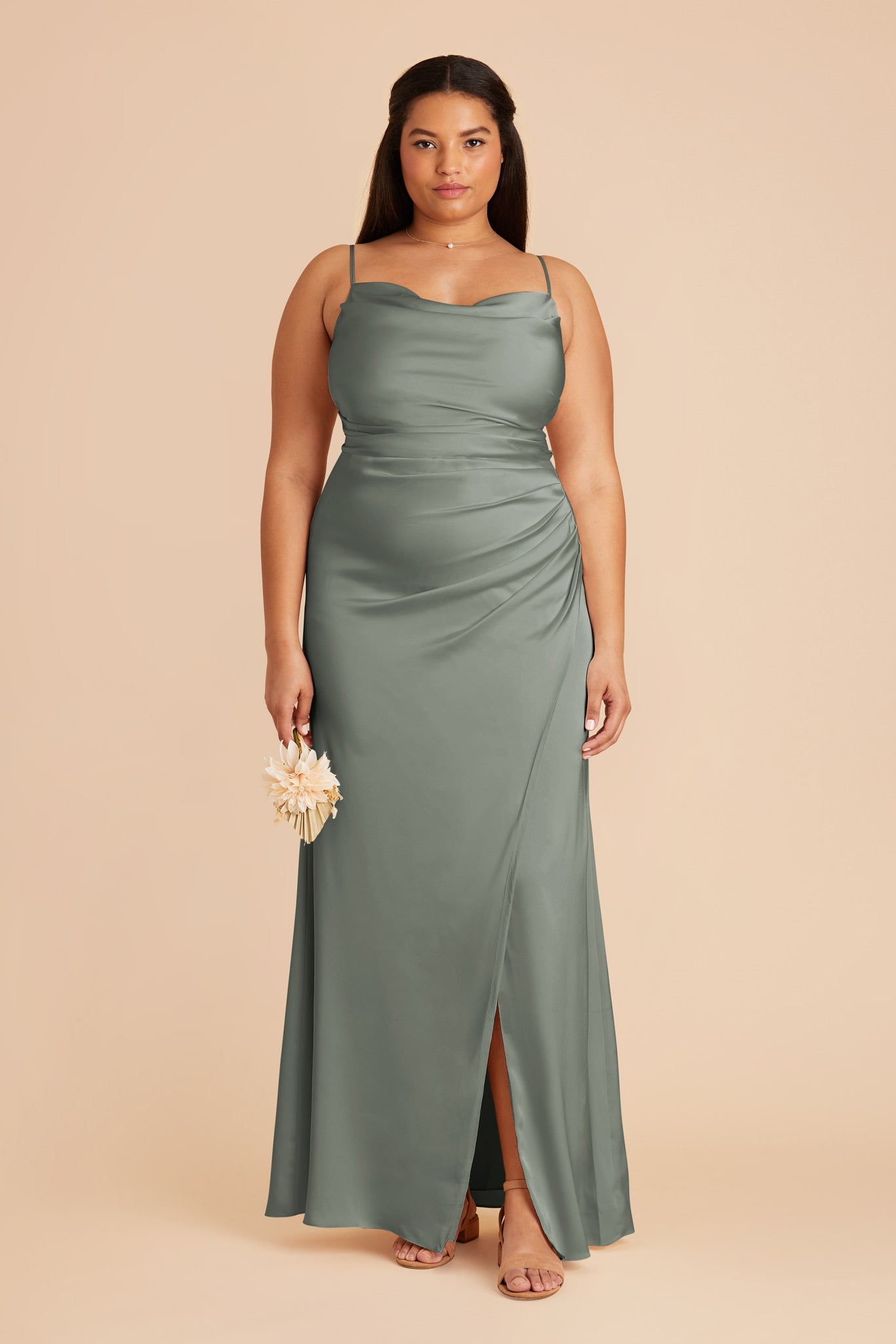 Matte Satin Bridesmaid Dress with Cowl Neck | Lydia - Sea Glass