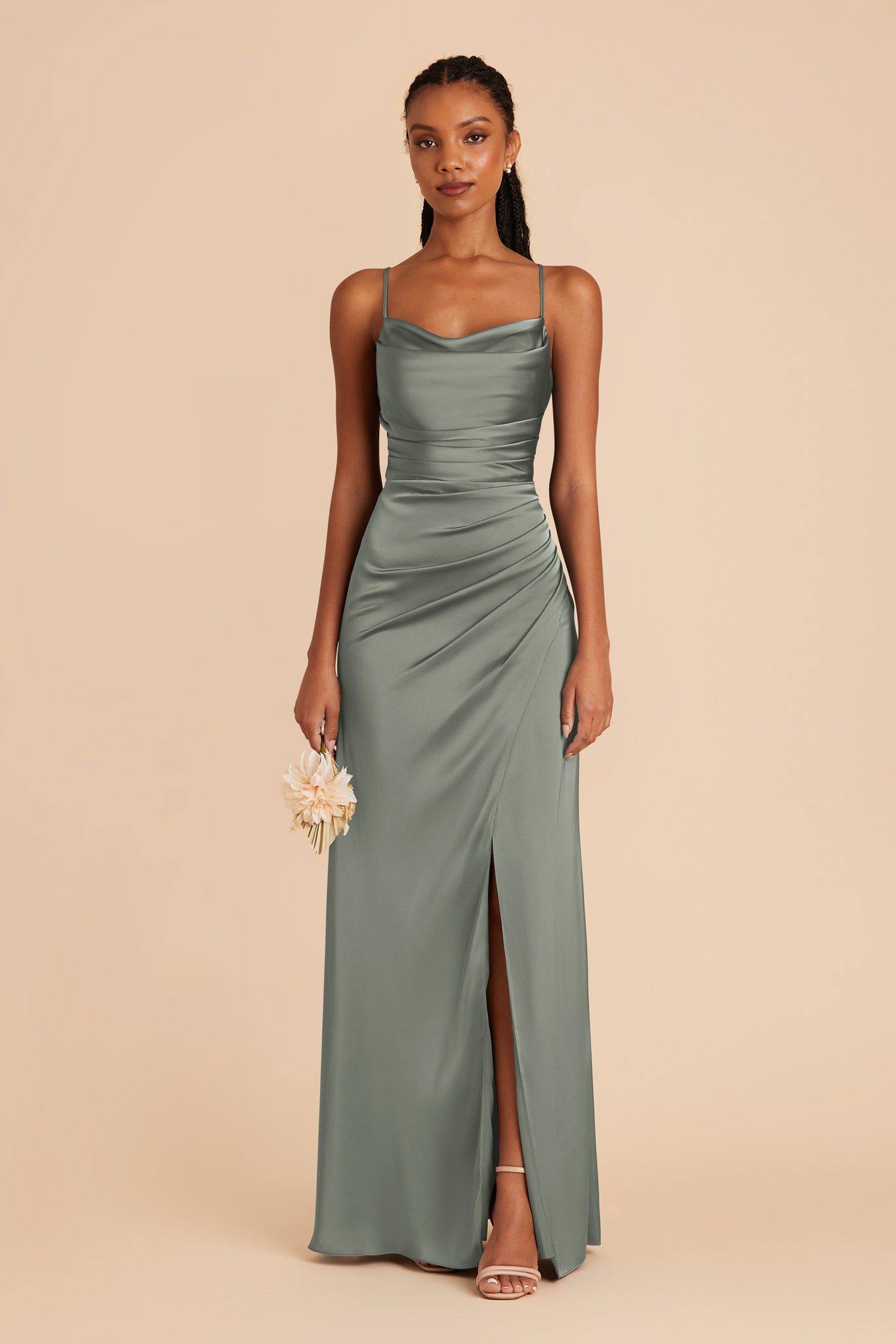 Matte Satin Bridesmaid Dress with Cowl Neck | Lydia - Sea Glass