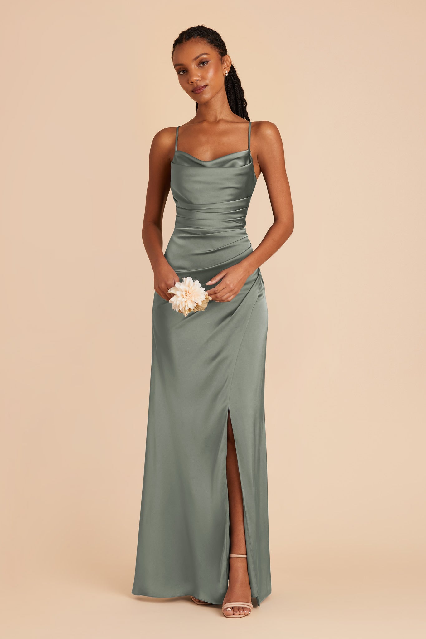 Matte Satin Bridesmaid Dress with Cowl Neck | Lydia - Sea Glass