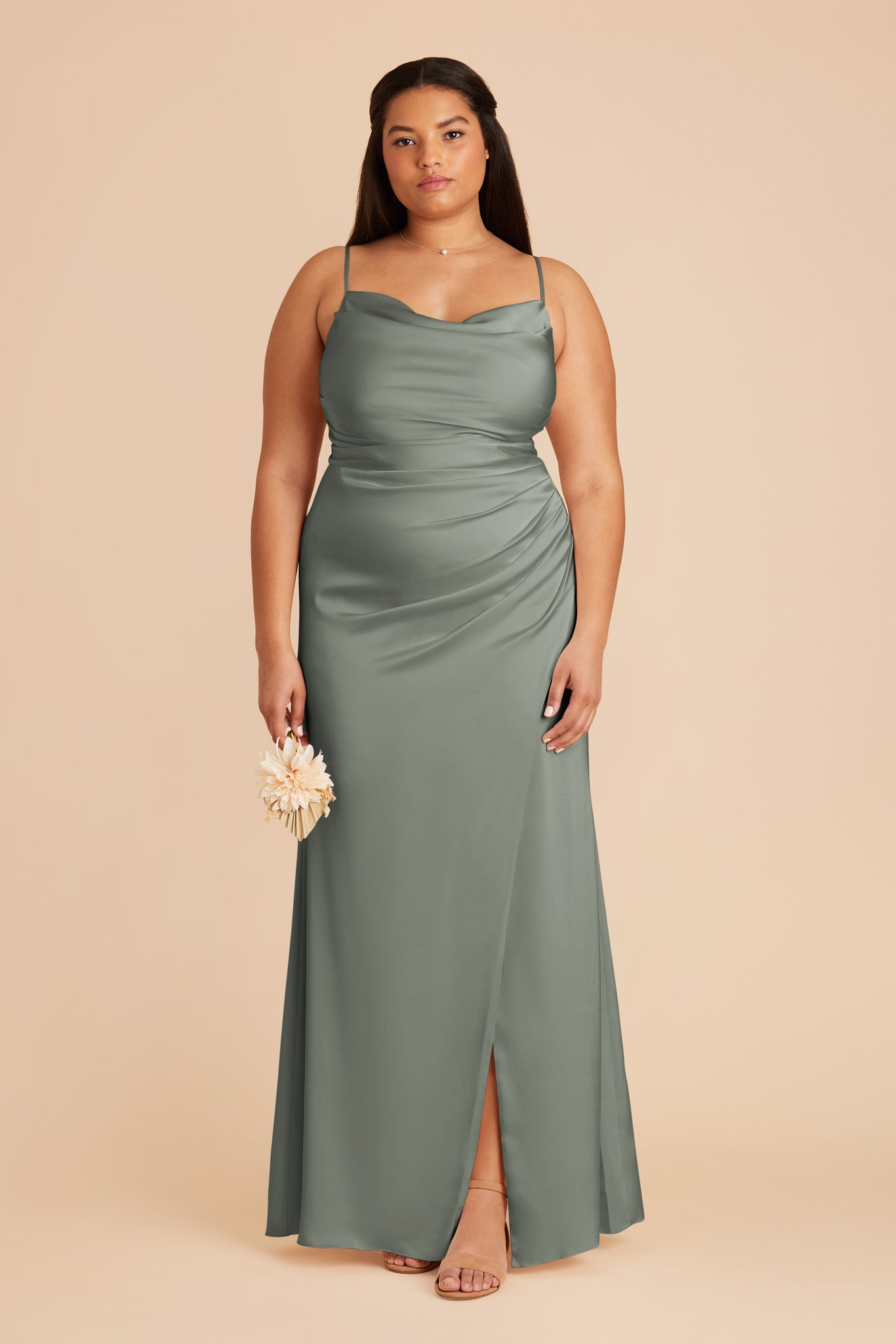 Matte Satin Bridesmaid Dress with Cowl Neck | Lydia - Sea Glass