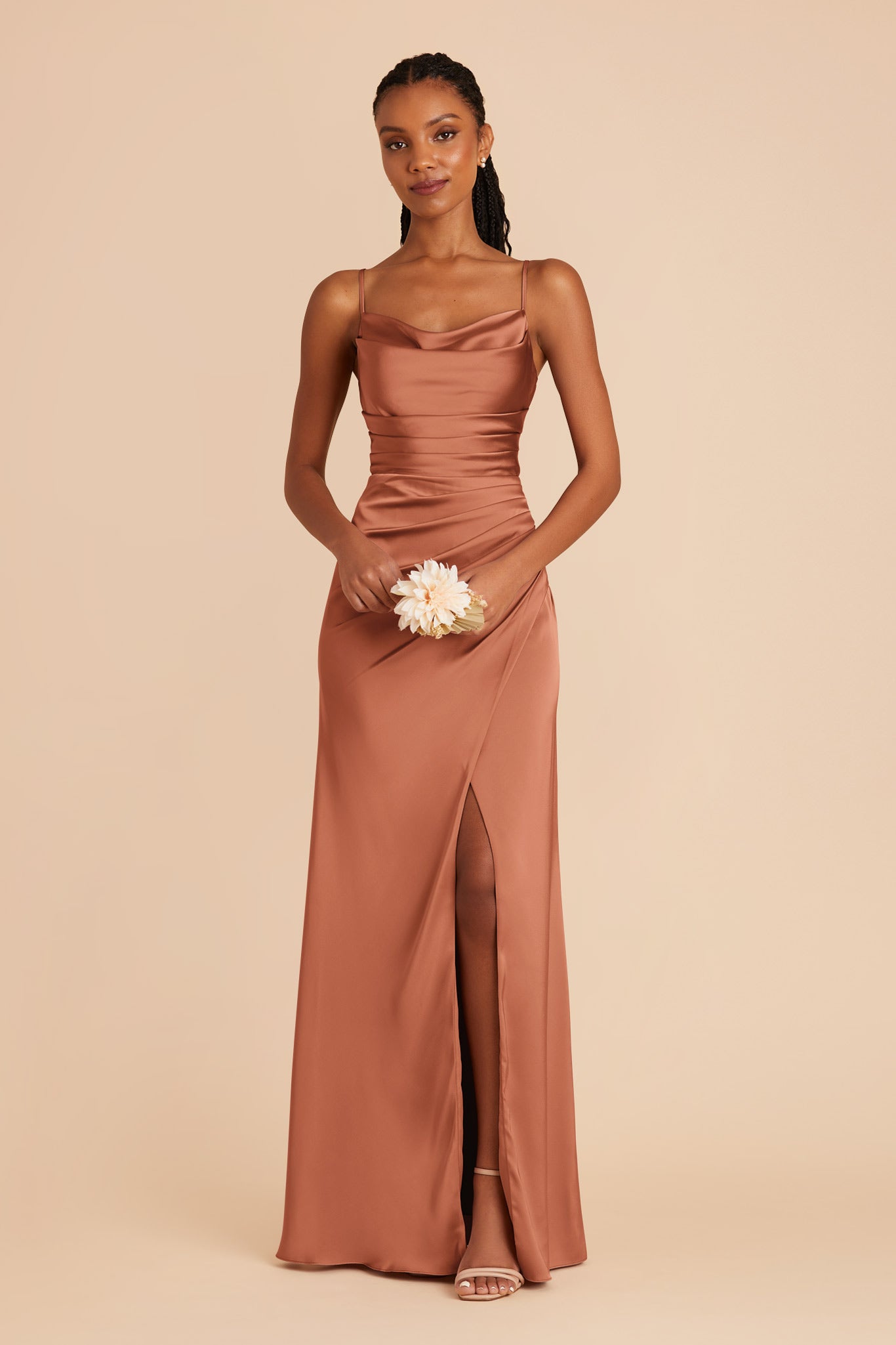 Terracotta Satin Bridesmaid Dress with Mermaid Skirt & Cowl Neck | Lydia