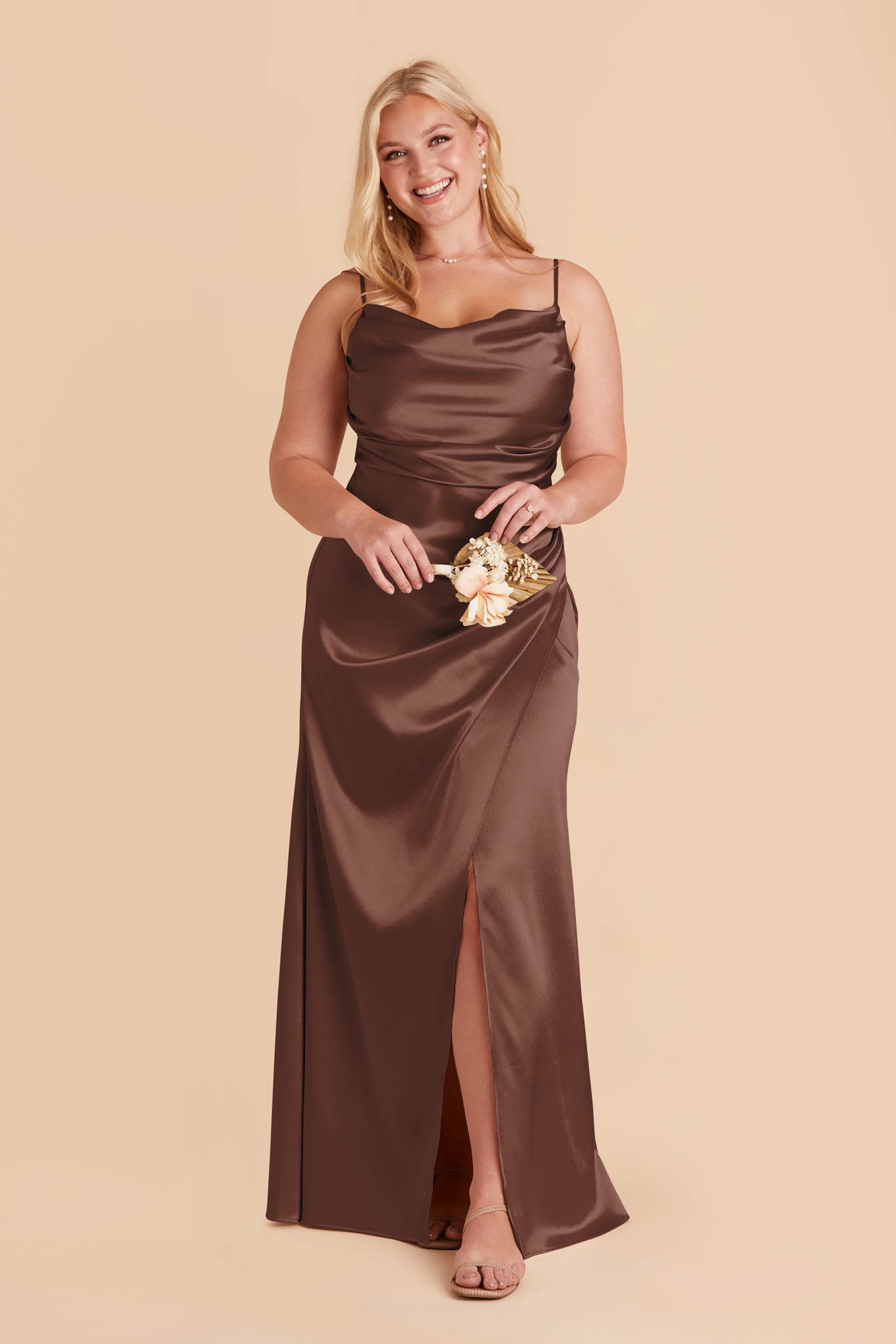 Shiny Satin Bridesmaid Dress with Mermaid Skirt & Cowl Neck | Lydia