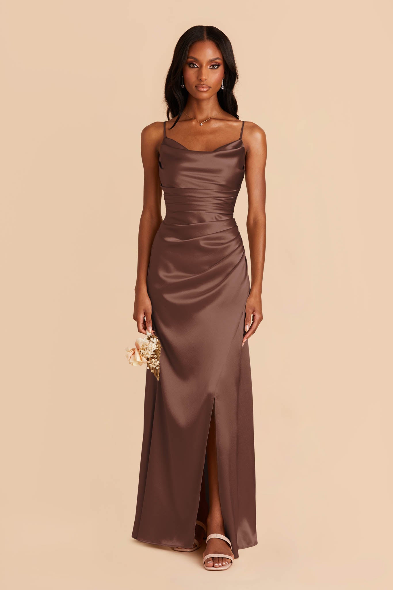Shiny Satin Bridesmaid Dress with Mermaid Skirt & Cowl Neck | Lydia