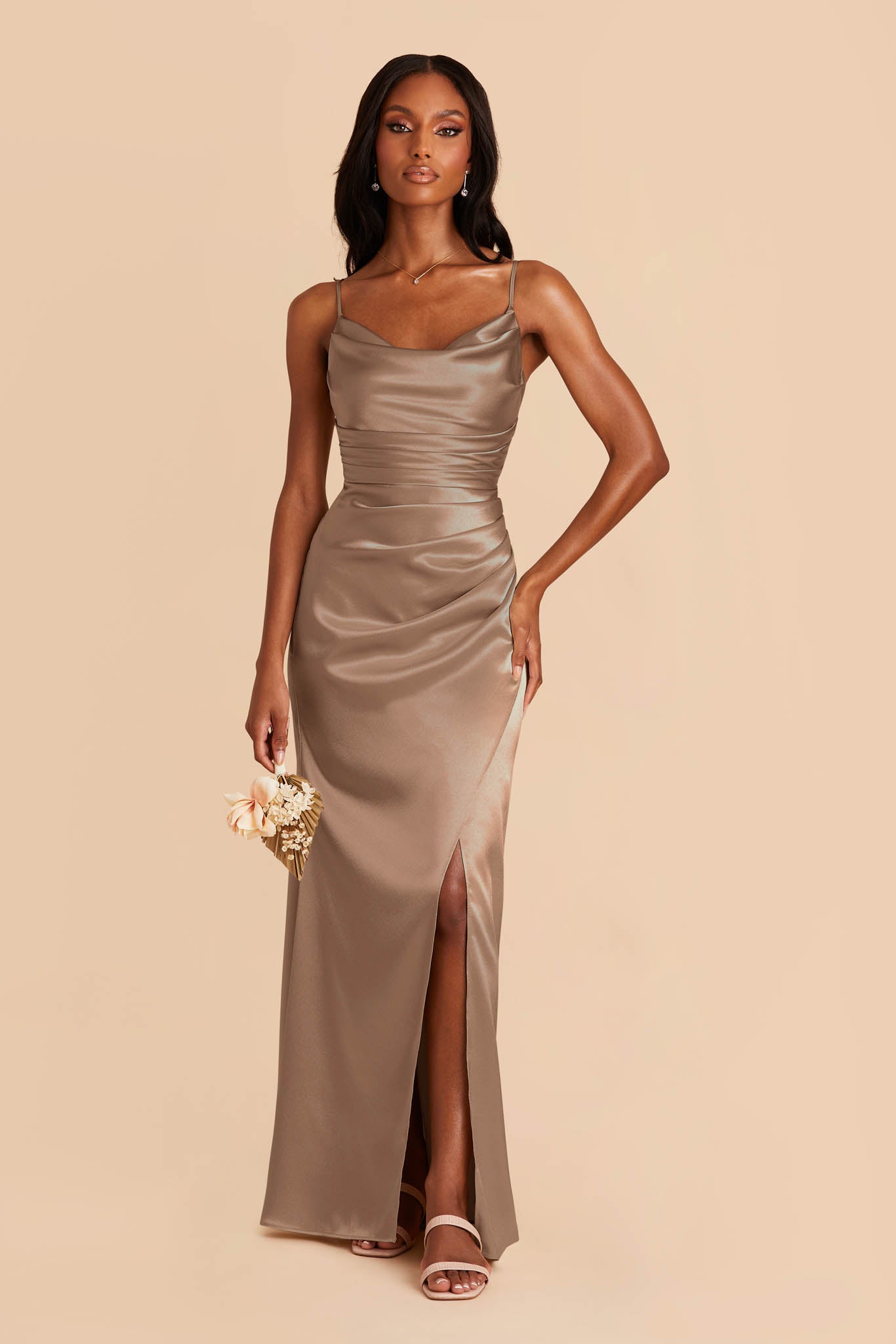 Shiny Satin Bridesmaid Dress with Mermaid Skirt & Cowl Neck | Lydia