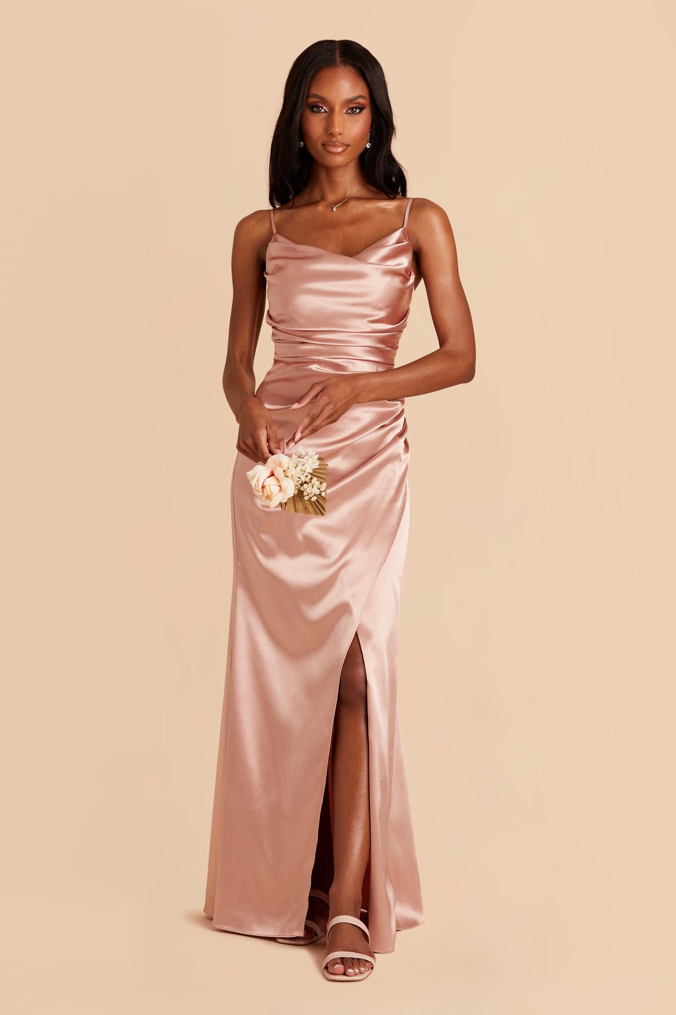 Shiny Satin Bridesmaid Dress with Cowl Neck | Lydia Rose Gold