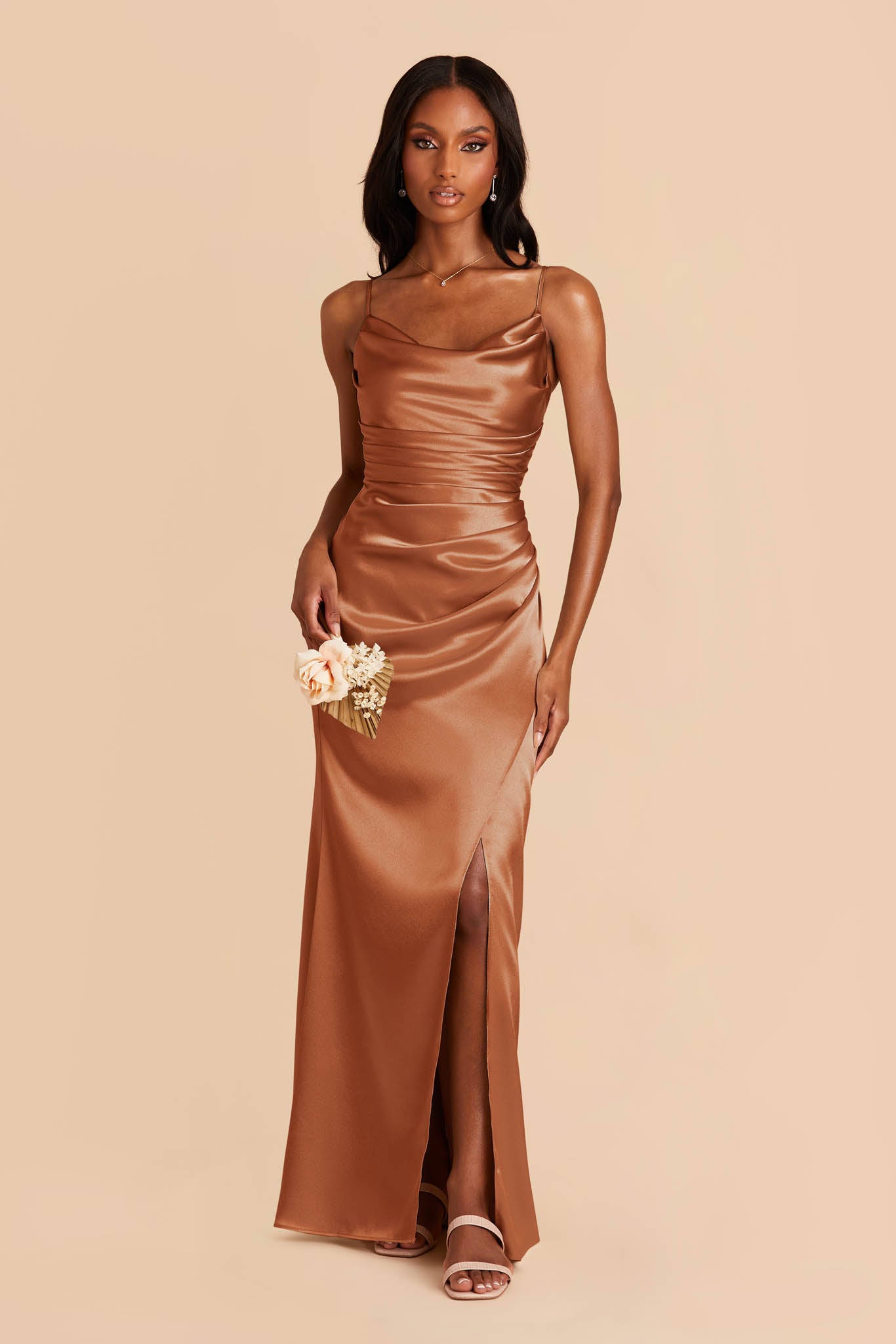 Shiny Satin Bridesmaid Dress with Cowl Neck | Lydia - Rust