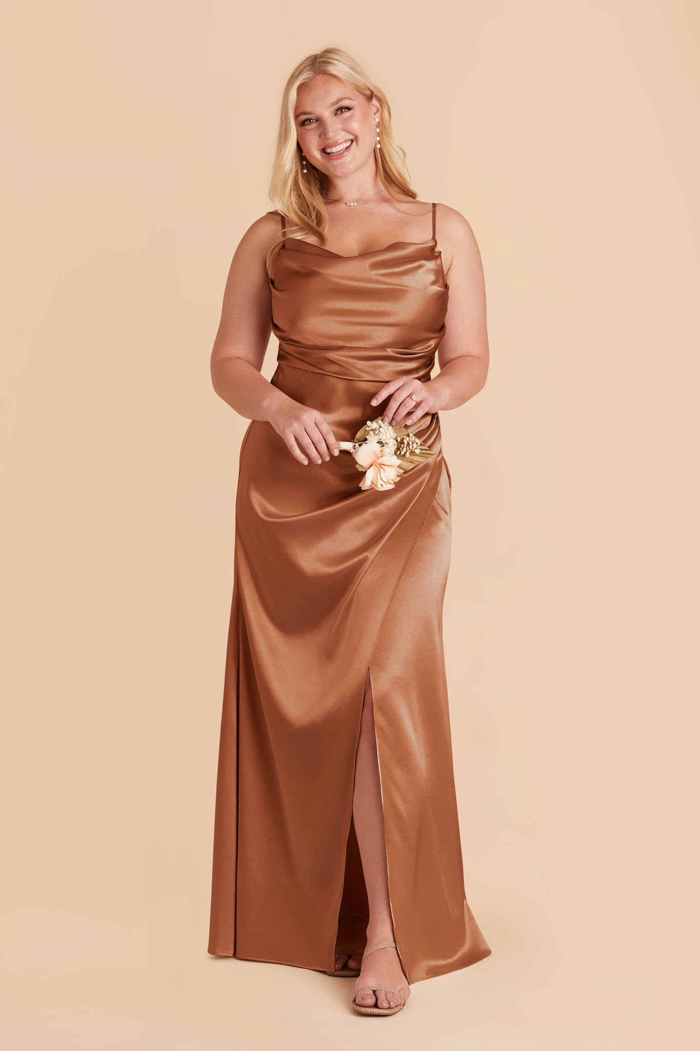 Shiny Satin Bridesmaid Dress with Cowl Neck | Lydia - Rust