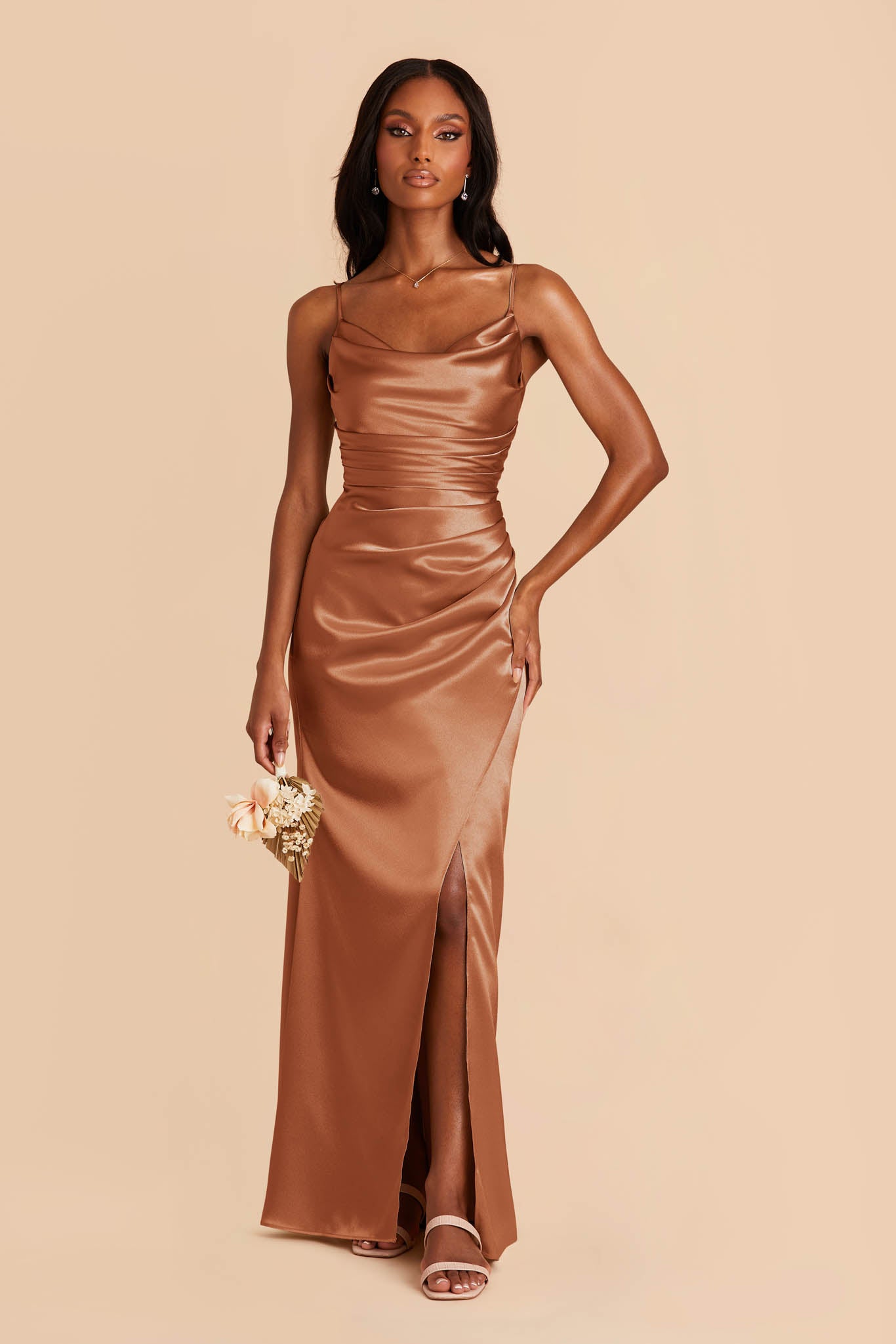 Shiny Satin Bridesmaid Dress with Cowl Neck | Lydia - Rust