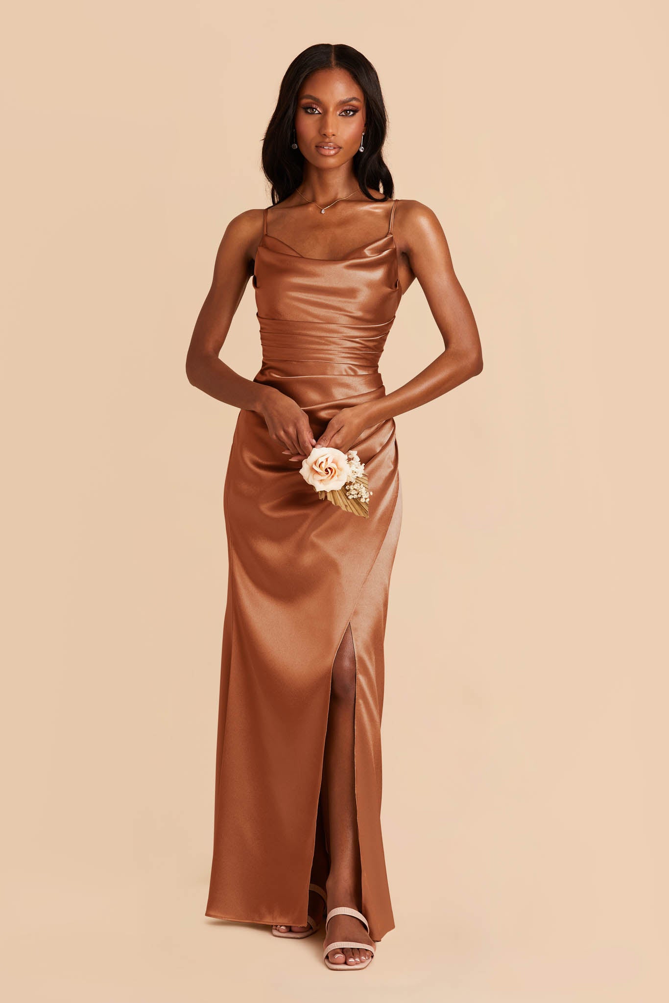 Shiny Satin Bridesmaid Dress with Cowl Neck | Lydia - Rust