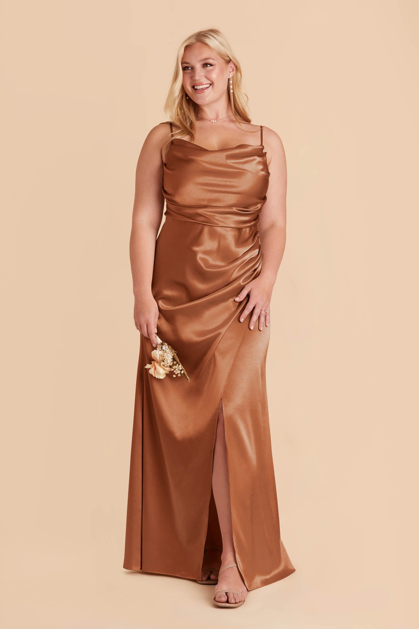 Shiny Satin Bridesmaid Dress with Cowl Neck | Lydia - Rust