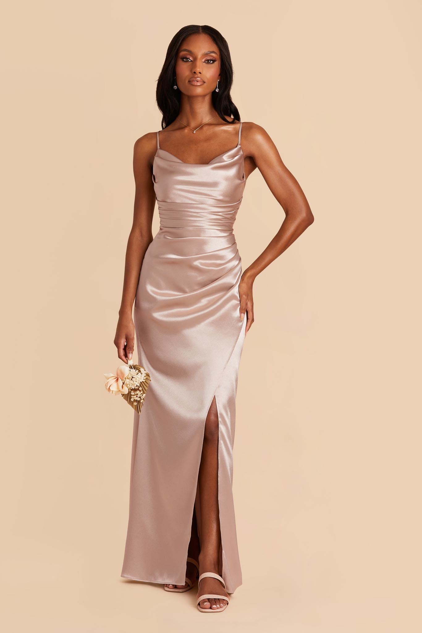 Shiny Satin Bridesmaid Dress with Mermaid Skirt & Cowl Neck | Lydia