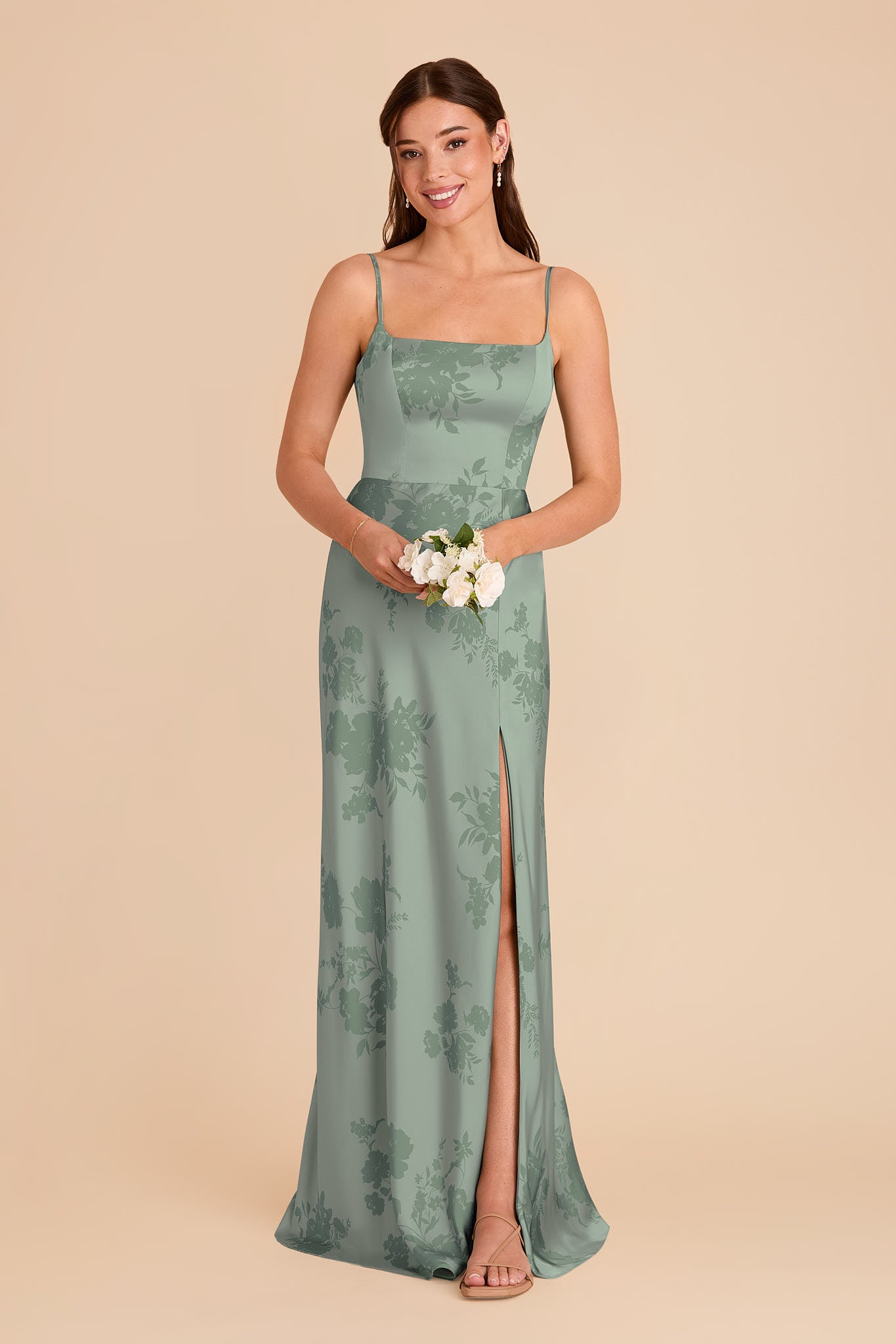 Satin A-Line Dress with Scoop Neck | Mai Matte Sage Blooms