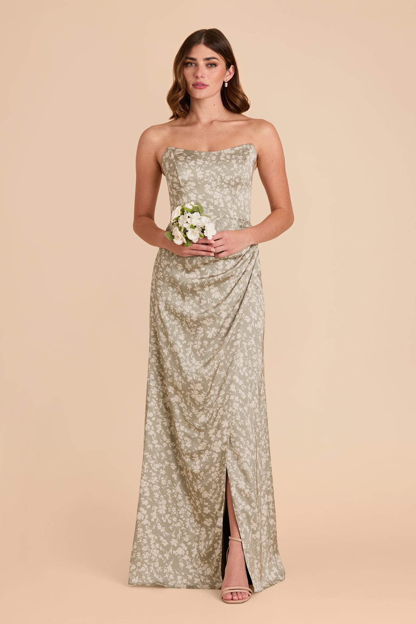 Matte Satin Corset Dress with Removable Straps | Anne Moss Green Floral