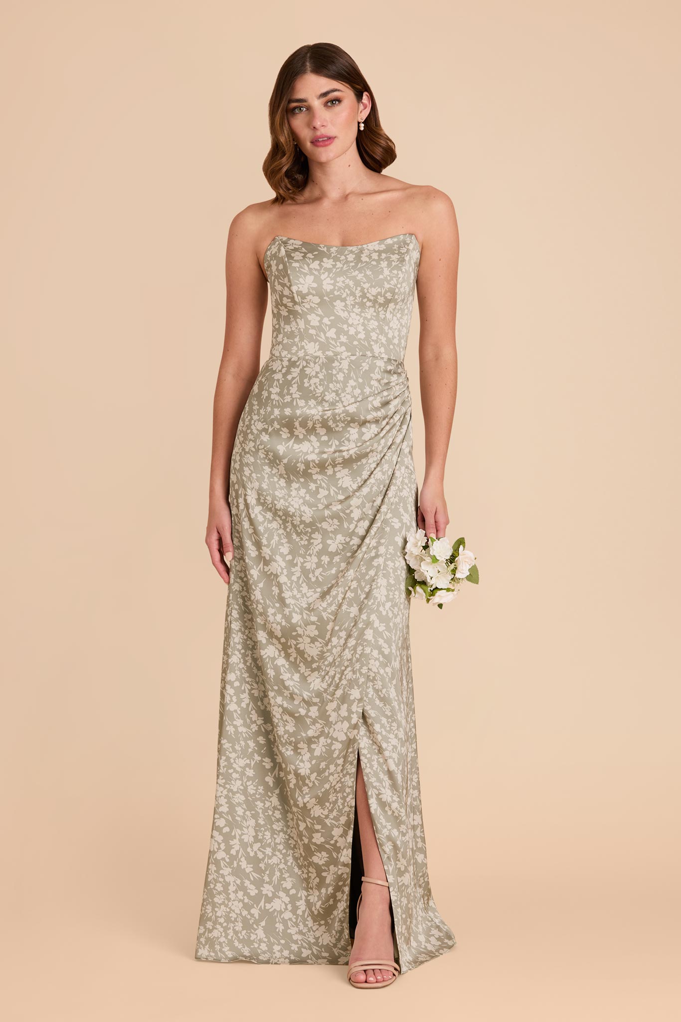 Matte Satin Corset Dress with Removable Straps | Anne Moss Green Floral