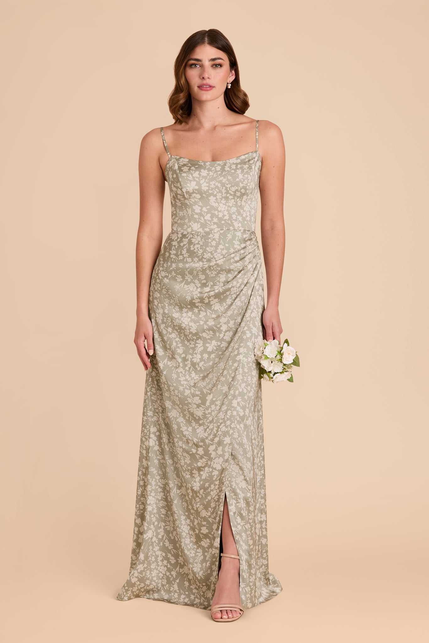 Matte Satin Corset Dress with Removable Straps | Anne Moss Green Floral
