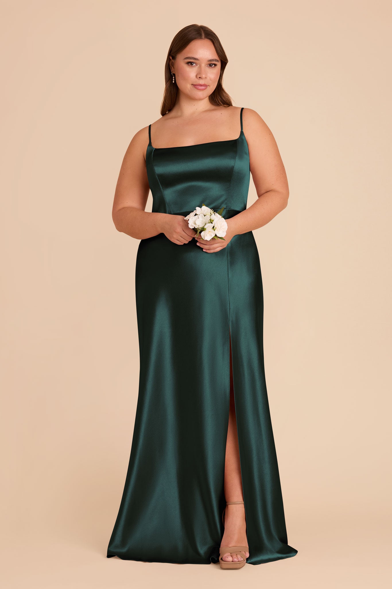 Shiny Satin A-Line Dress with Scoop Neck | Mai Emerald