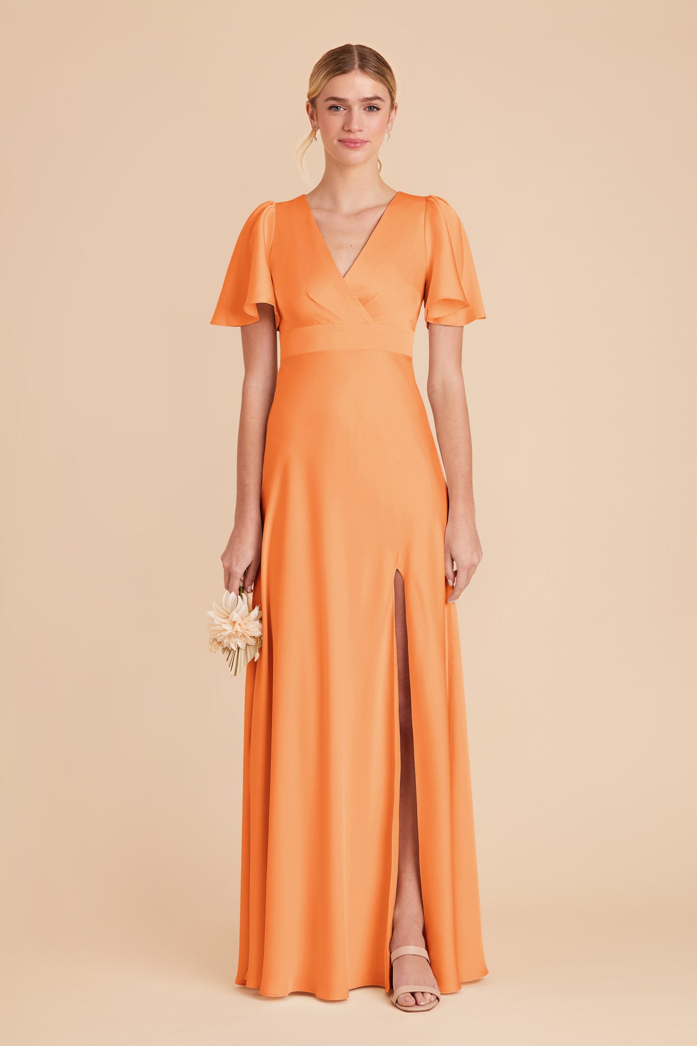 Bridesmaid Dress with High Slit & Flutter Sleeves | Marni Matte Satin