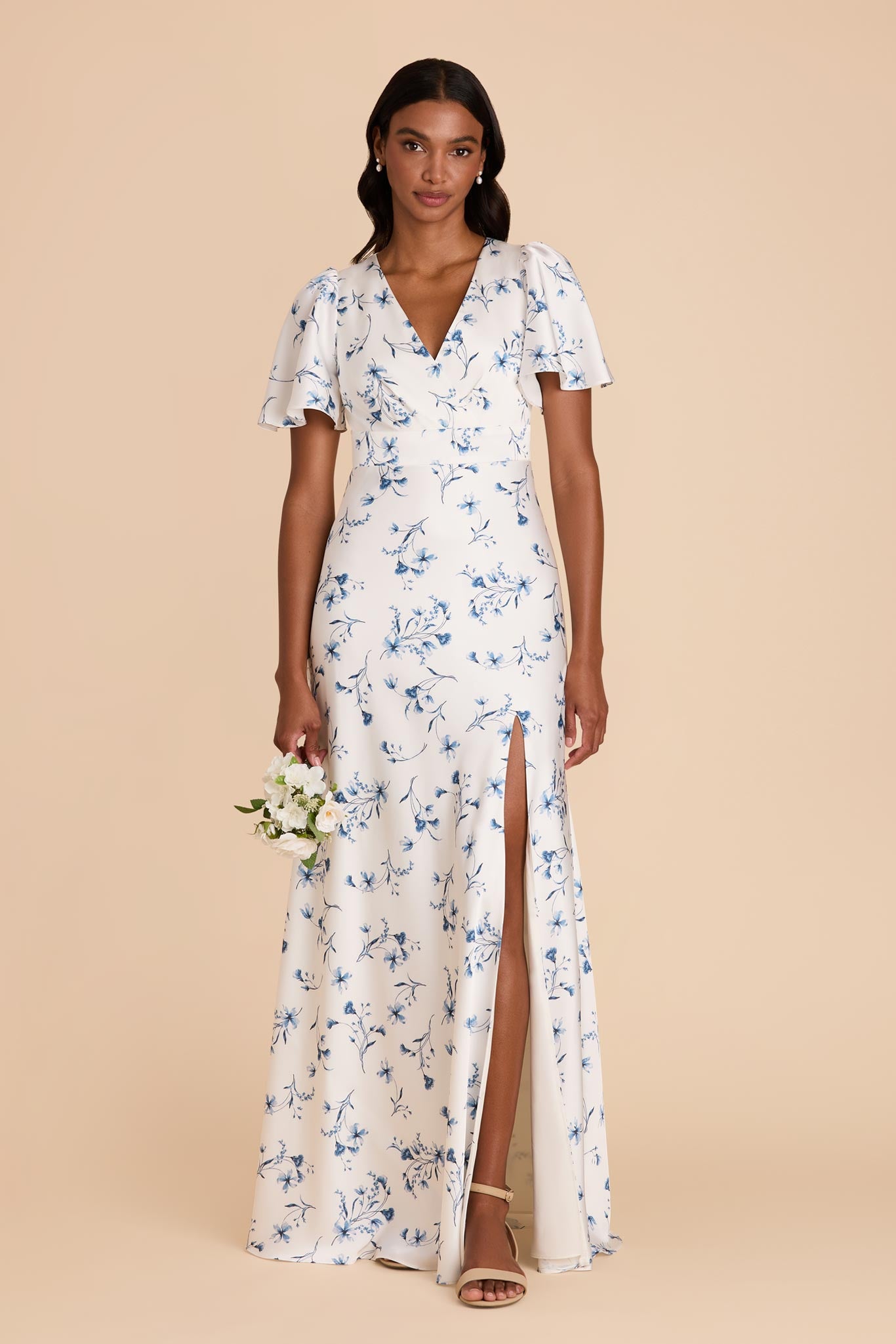 Blue Satin Bridesmaid Dress with Flutter Sleeves | Marni Le Fleur