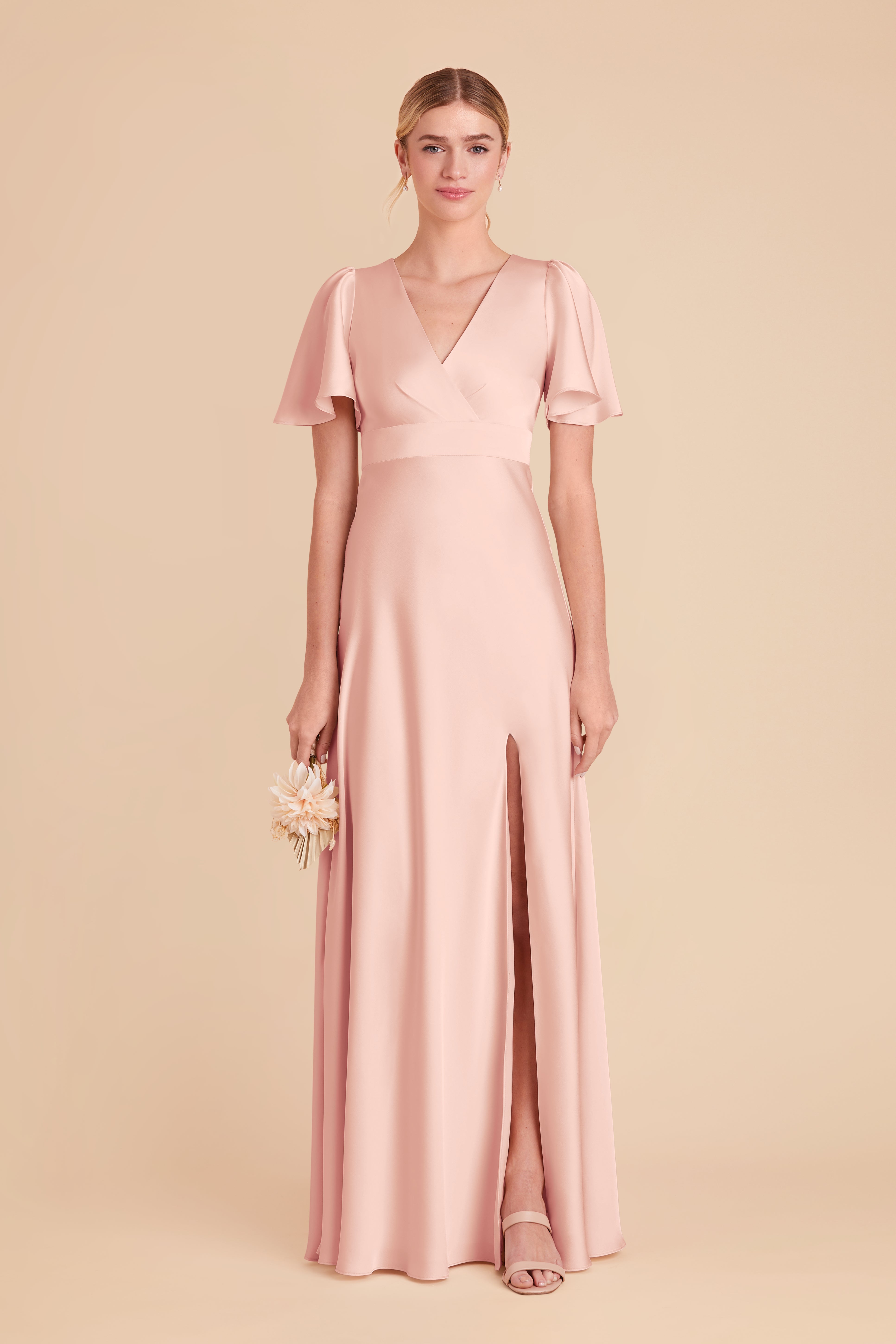 Blush Pink Bridesmaid Dress with High Slit & Flutter Sleeves | Marni