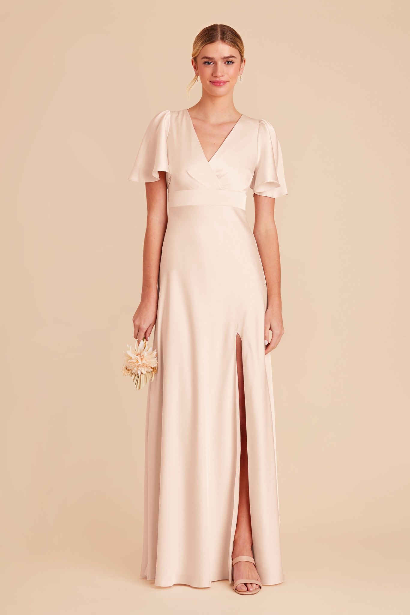 Champagne Bridesmaid Dress with High Slit & Flutter Sleeves | Marni