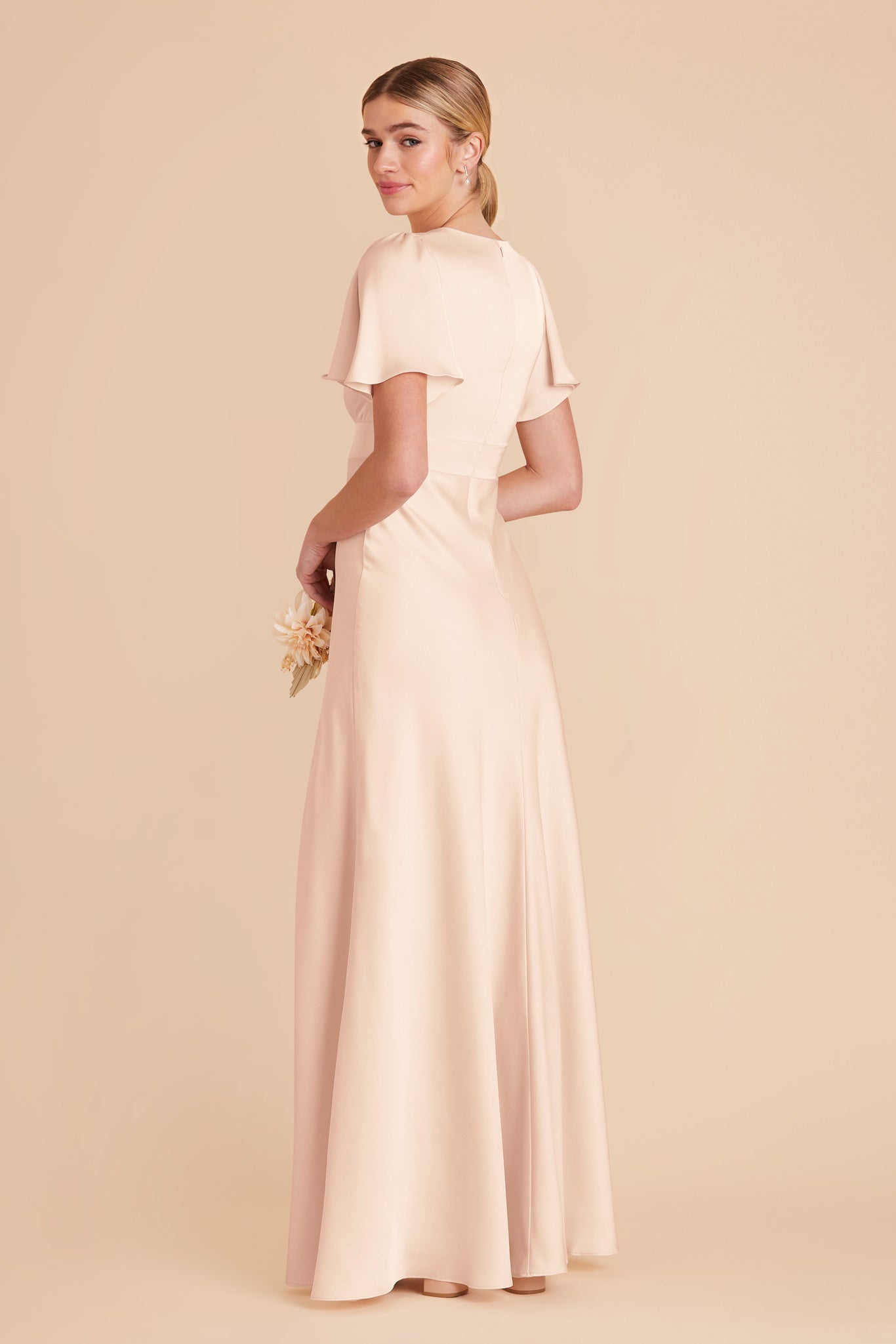Champagne Bridesmaid Dress with High Slit & Flutter Sleeves | Marni