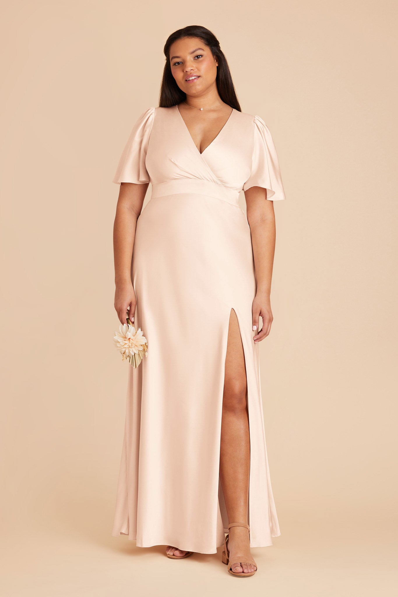Champagne Bridesmaid Dress with High Slit & Flutter Sleeves | Marni