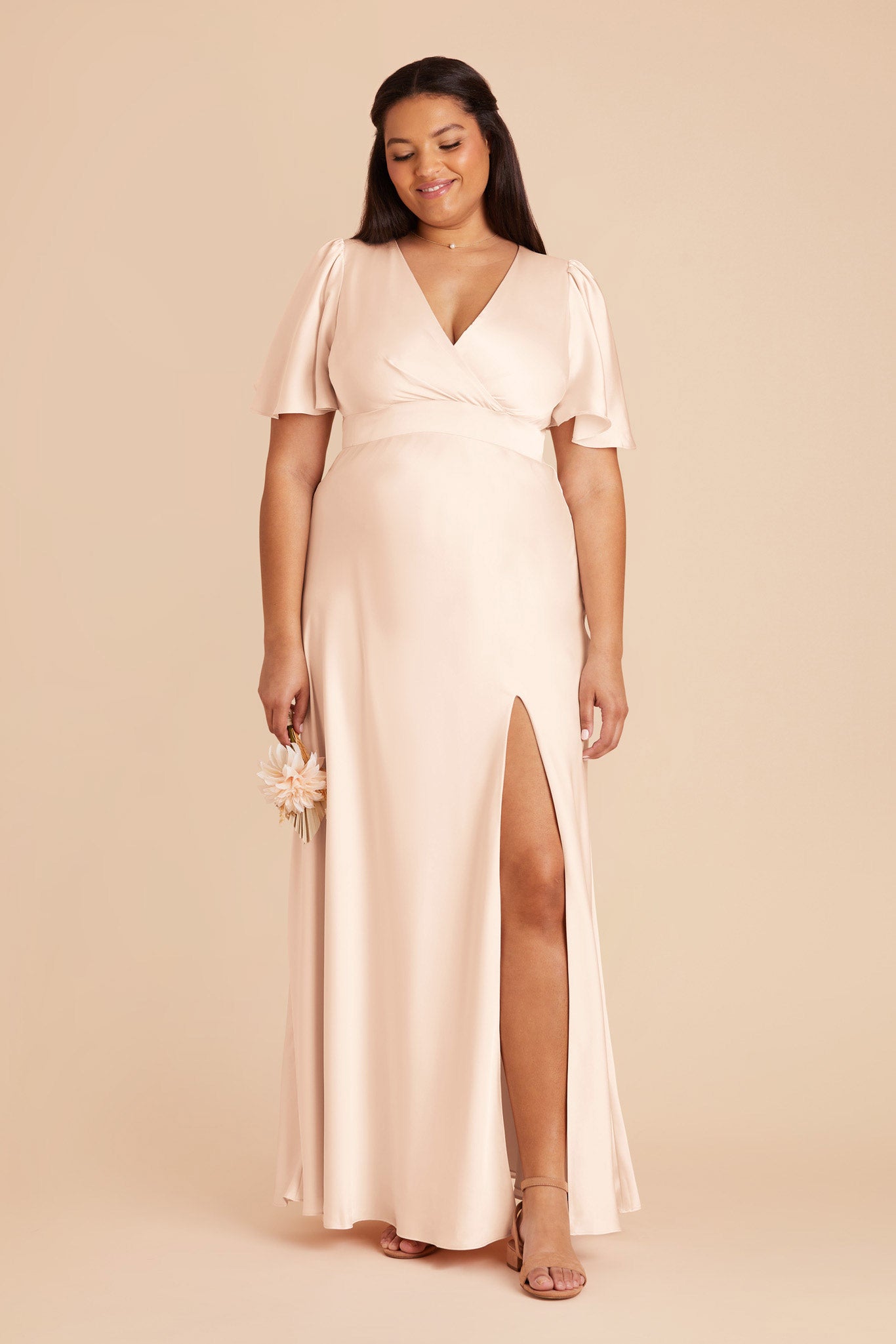 Champagne Bridesmaid Dress with High Slit & Flutter Sleeves | Marni