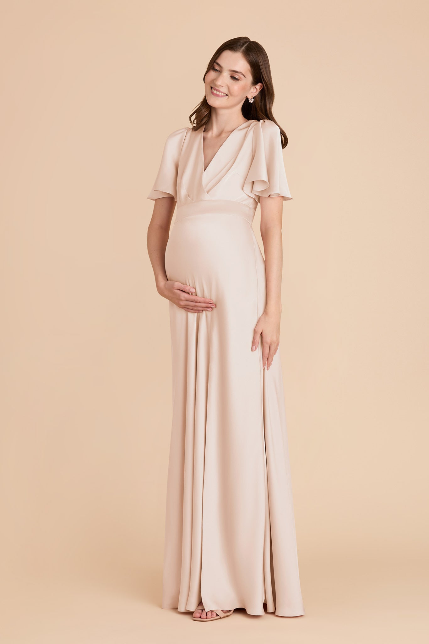 Champagne Bridesmaid Dress with High Slit & Flutter Sleeves | Marni
