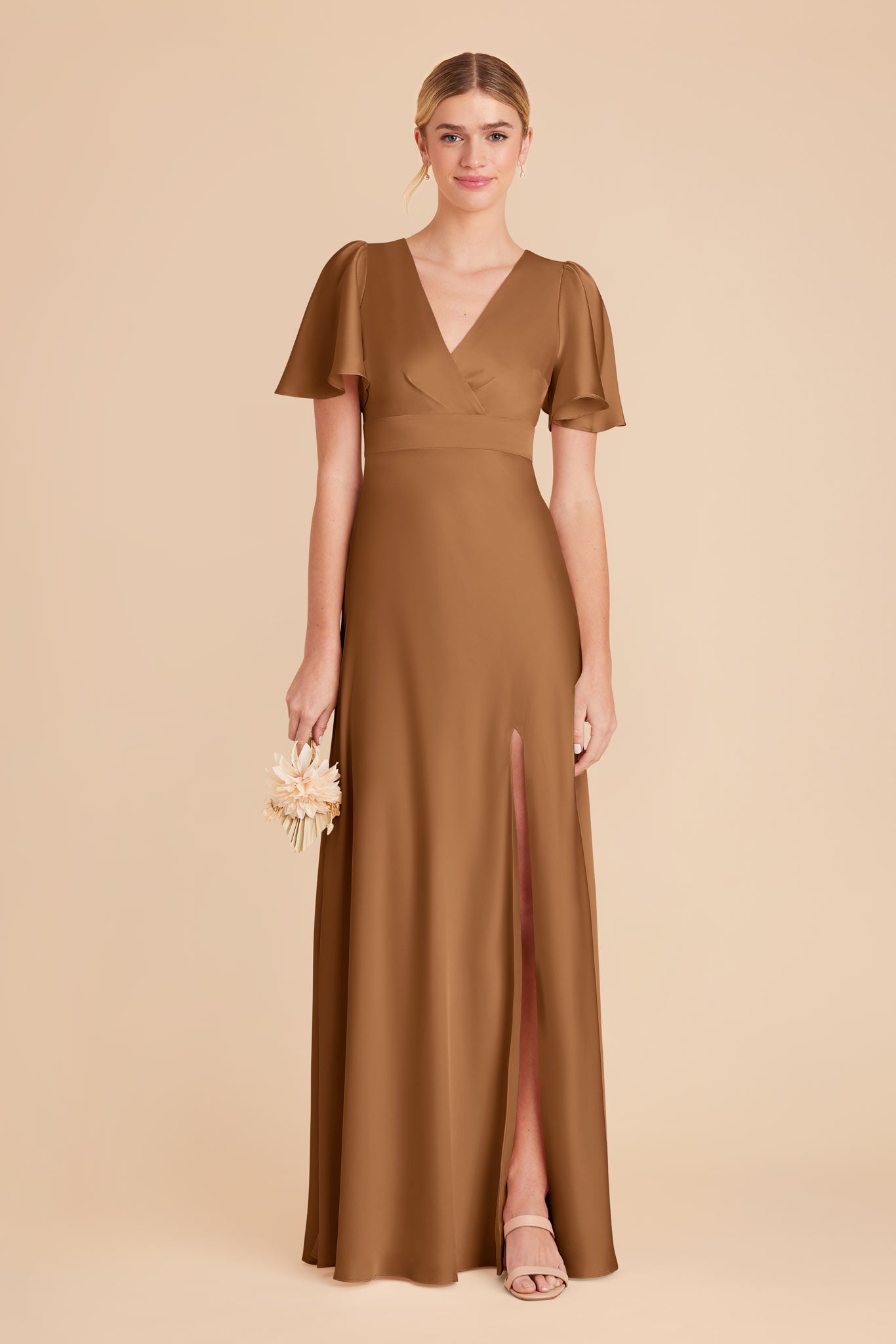 Matte Satin Bridesmaid Dress with High Slit & Flutter Sleeves | Marni