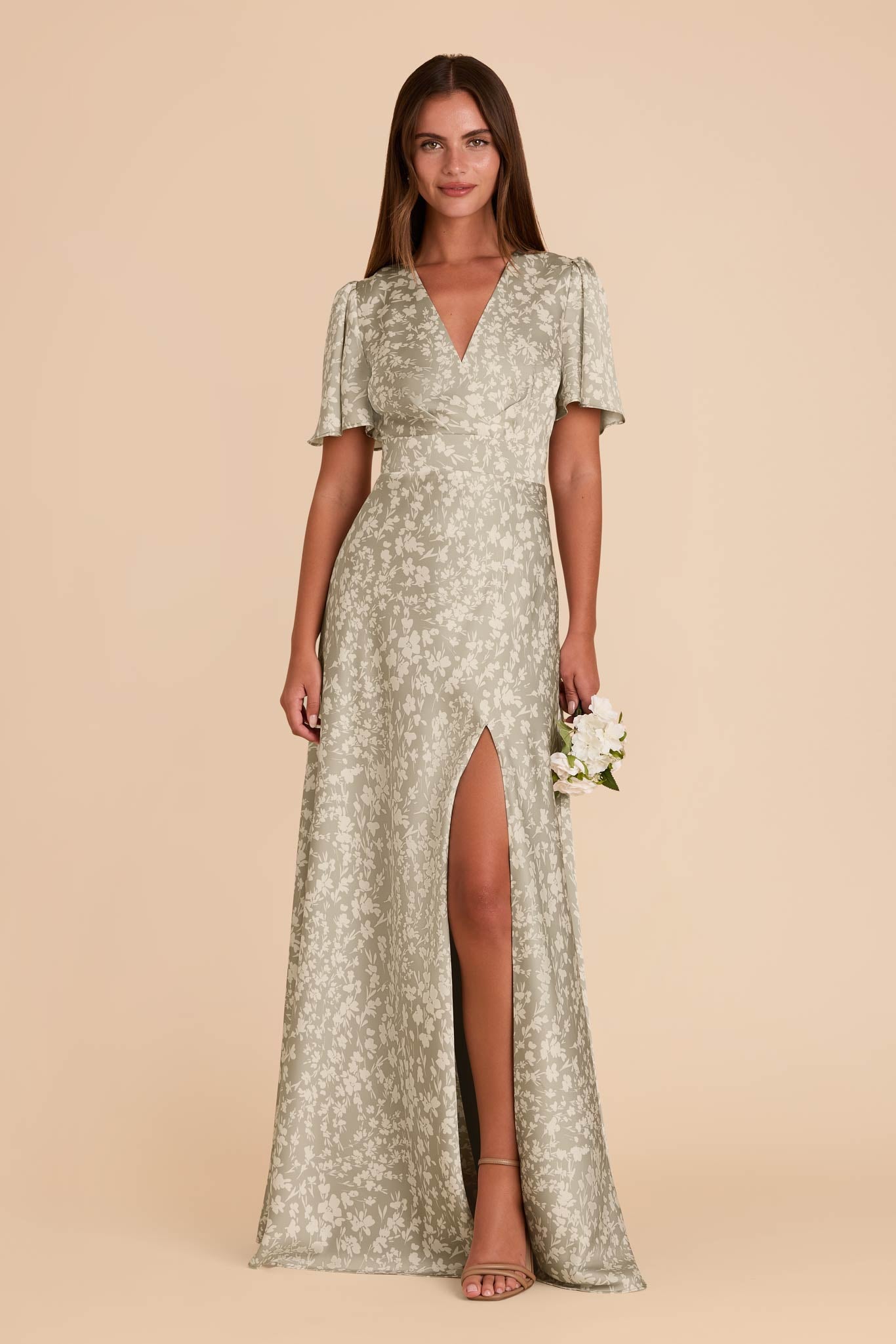 Moss Green Floral Bridesmaid Dress with High Slit & Flutter Sleeves | Marni