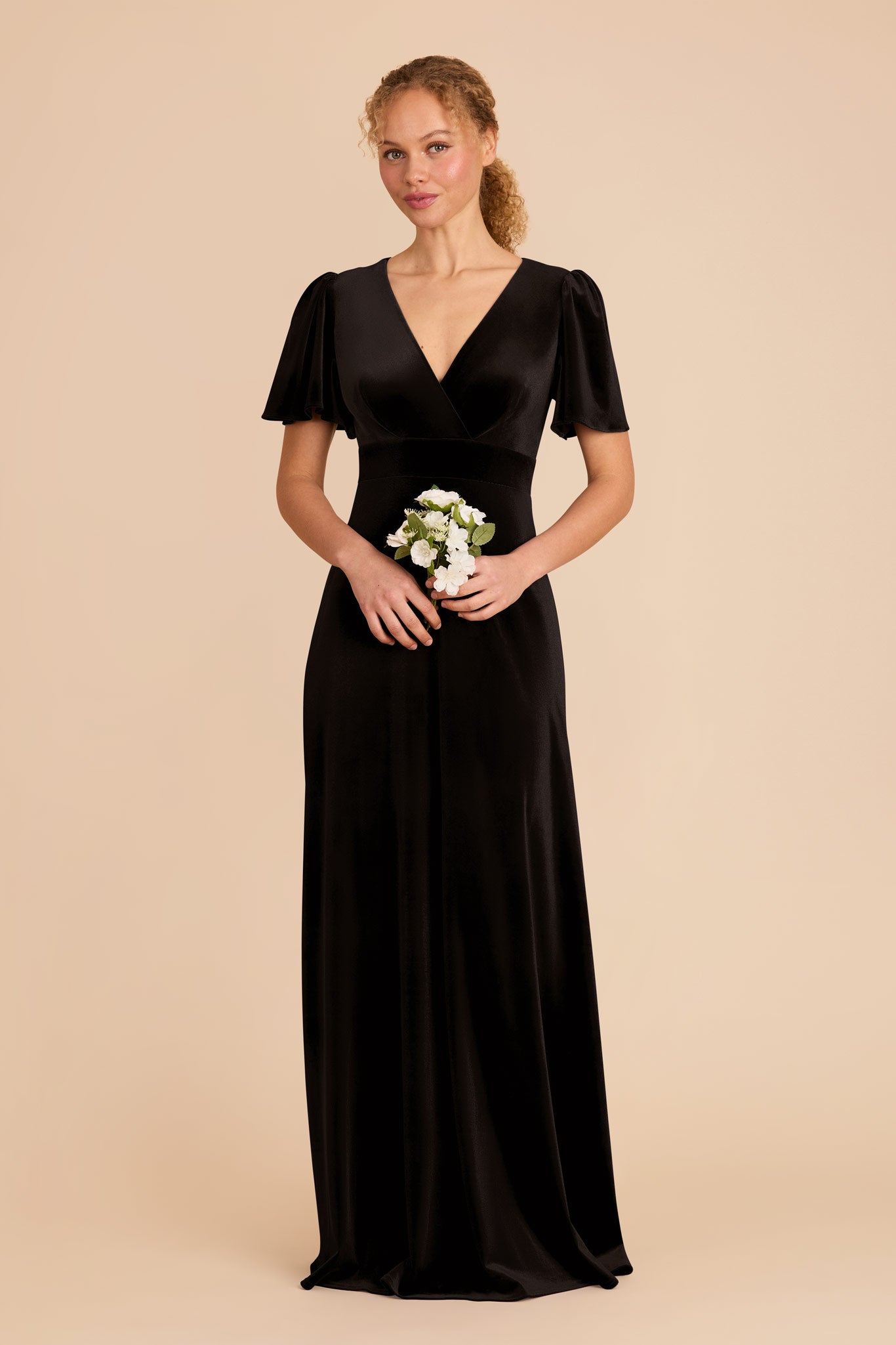 Black Velvet Bridesmaid Dress with V-Neck & Flutter Sleeves | Marni