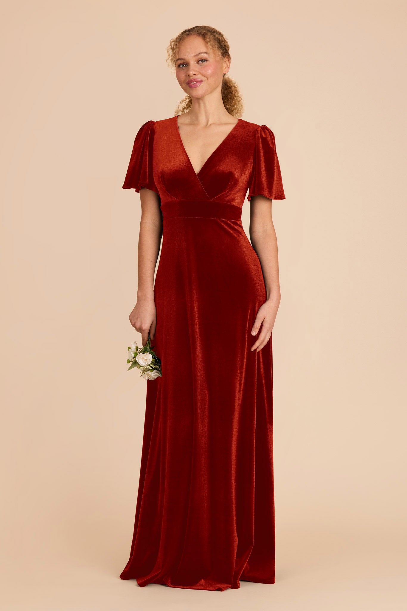 Velvet Bridesmaid Dress with V-Neck & Flutter Sleeves | Marni