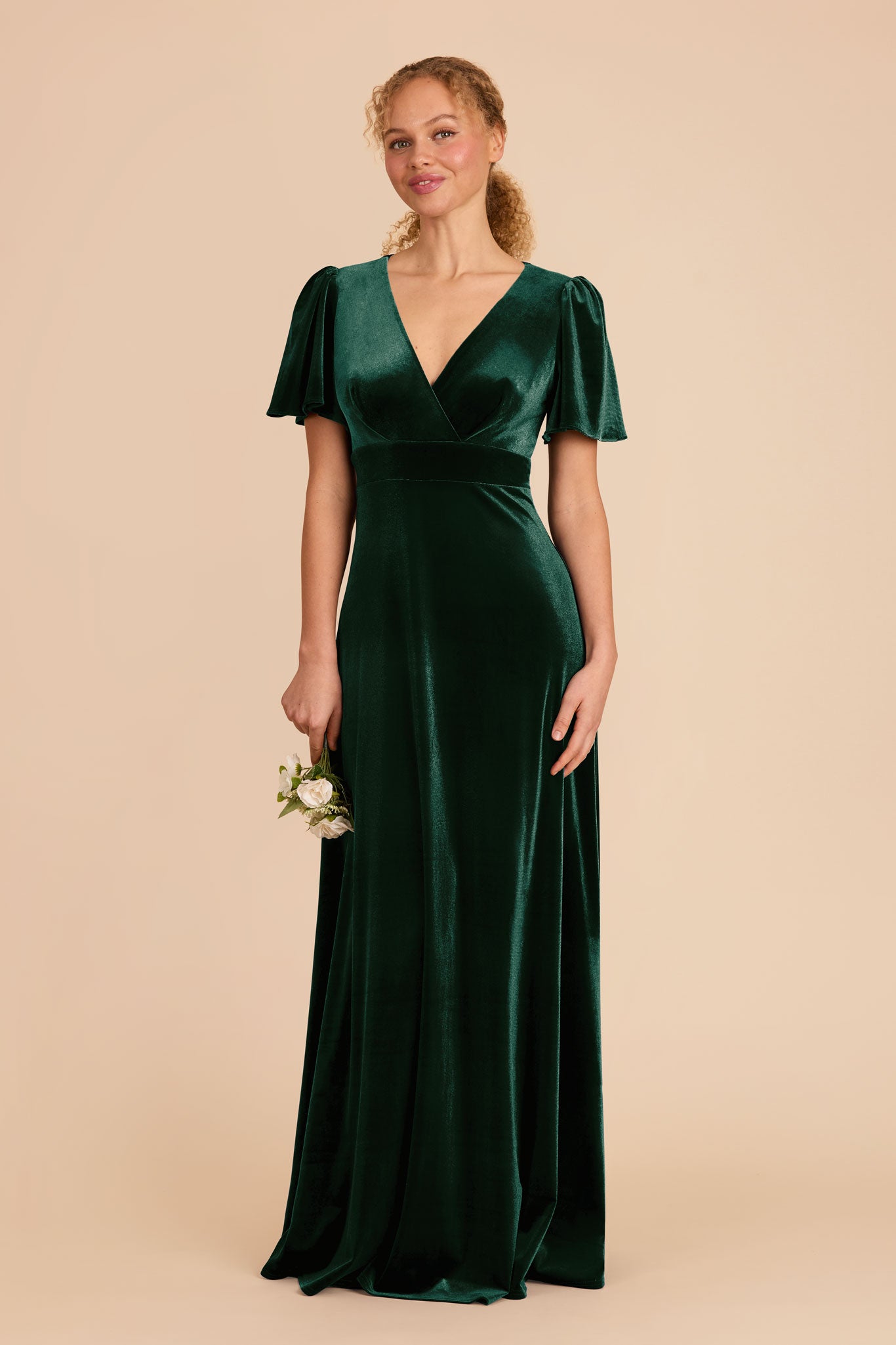 Emerald Velvet Bridesmaid Dress with V-Neck & Flutter Sleeves | Marni