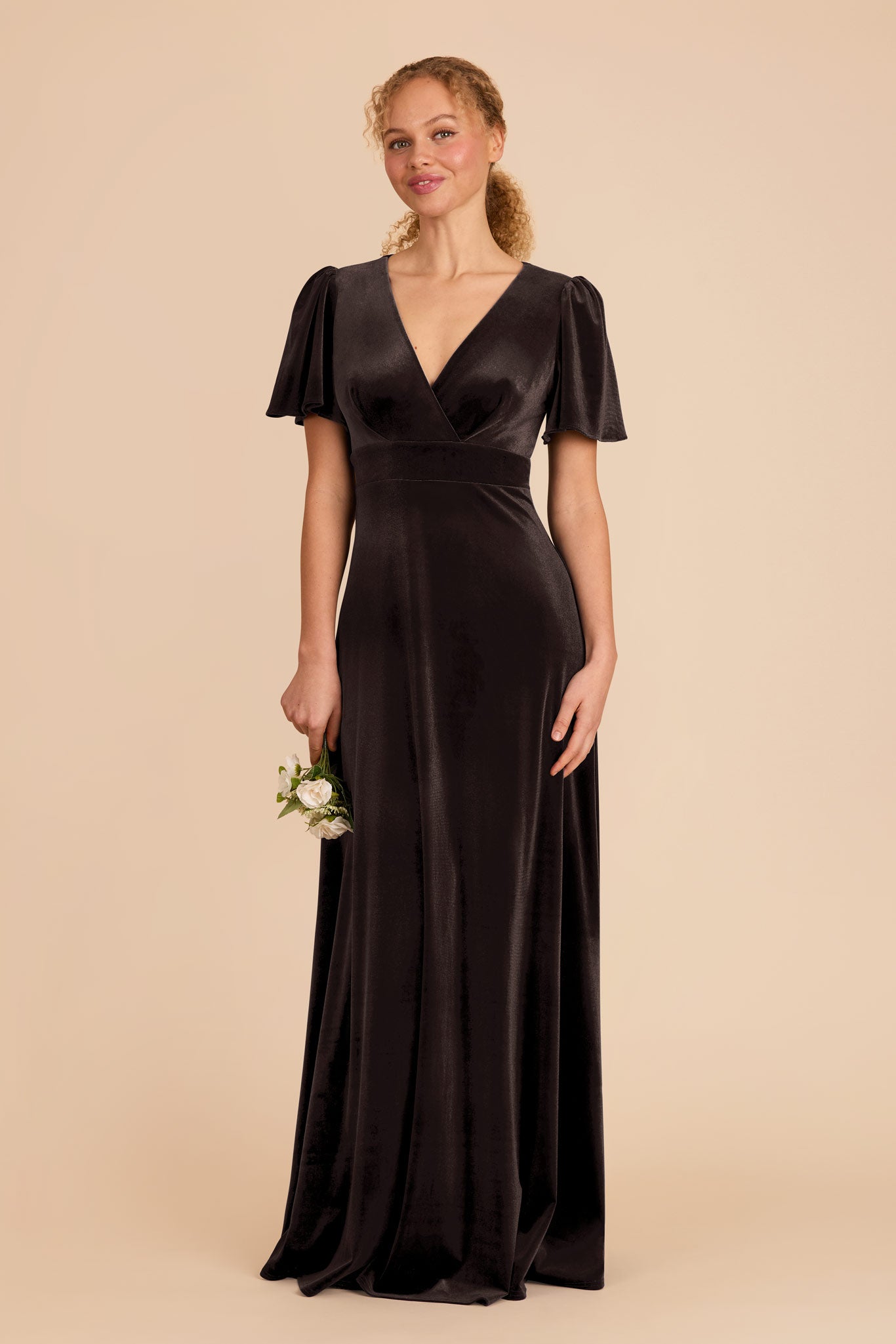 Velvet Bridesmaid Dress with V-Neck & Flutter Sleeves | Marni