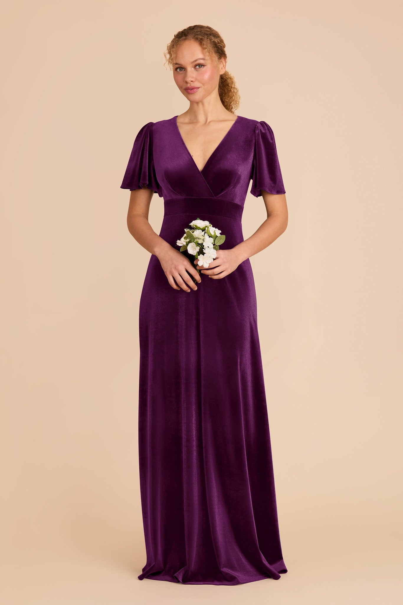 V-Neck Flutter Sleeve Velvet Bridesmaid Dress | Marni