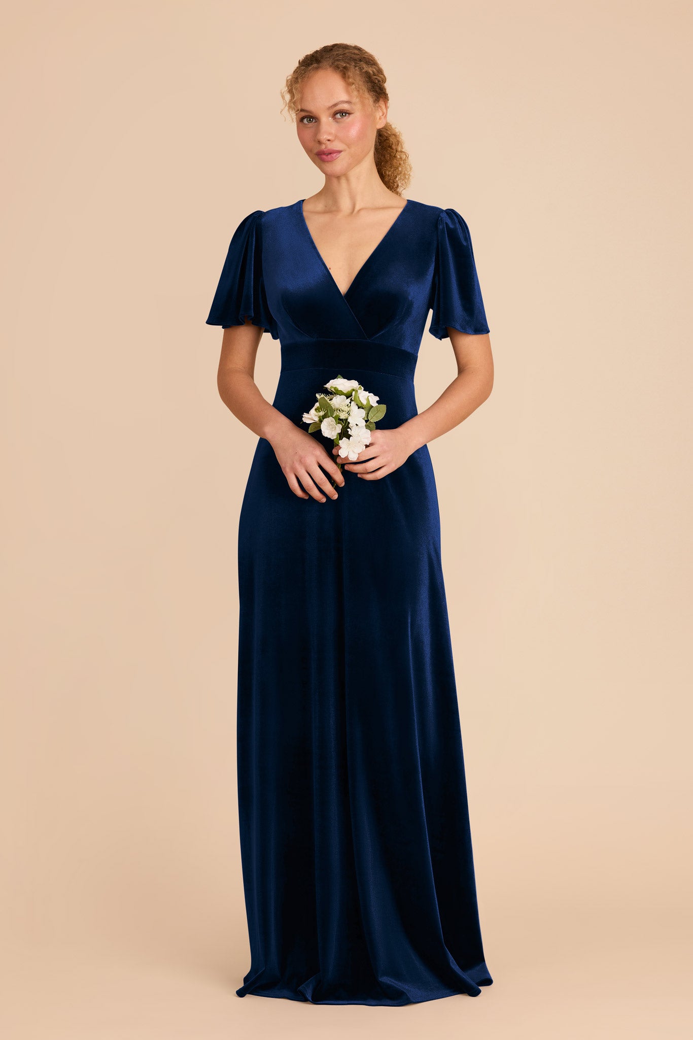 V-Neck A-Line Bridesmaid Dress with Flutter Sleeves | Marni Navy Velvet