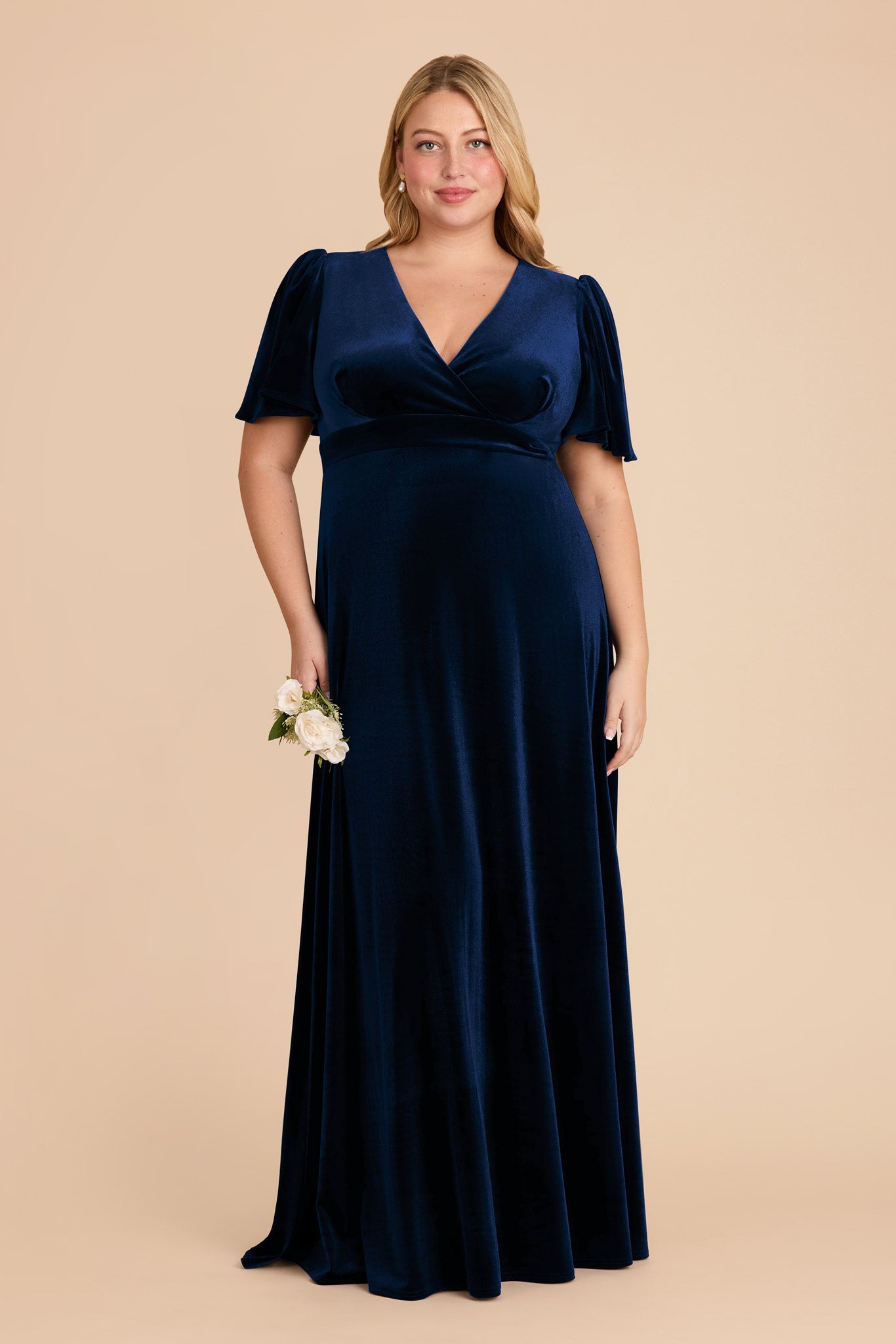 V-Neck A-Line Bridesmaid Dress with Flutter Sleeves | Marni Navy Velvet