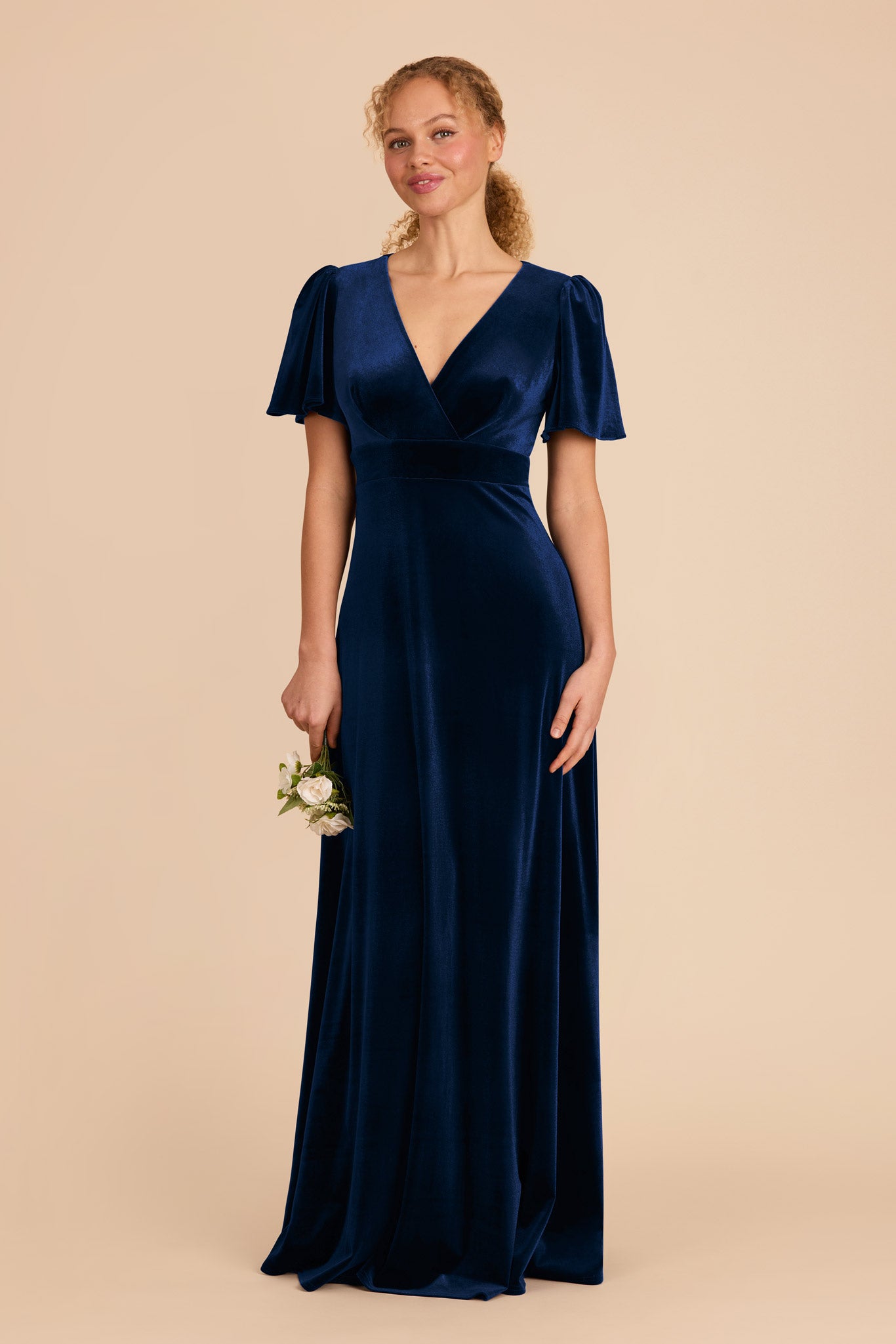 V-Neck A-Line Bridesmaid Dress with Flutter Sleeves | Marni Navy Velvet