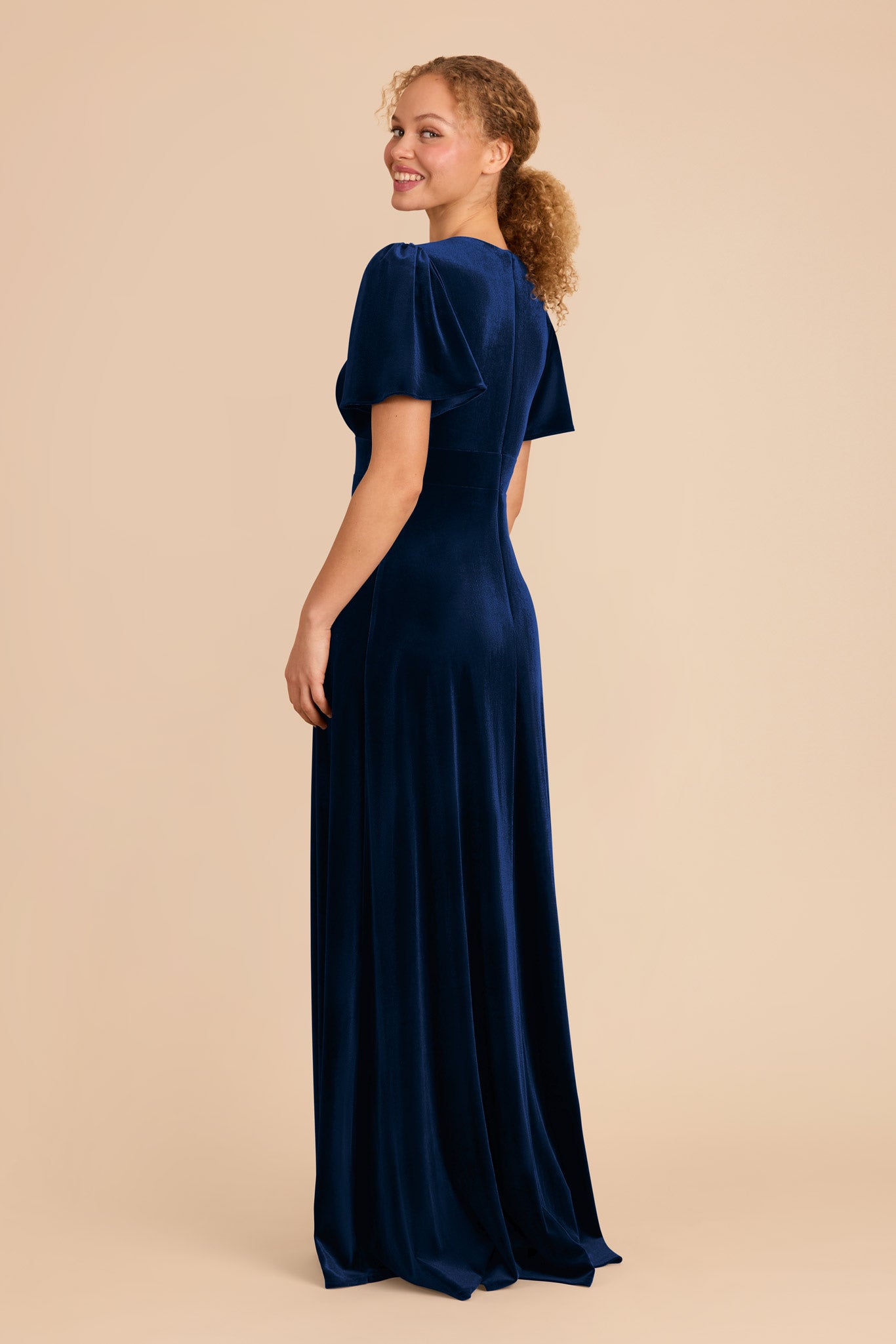 V-Neck A-Line Bridesmaid Dress with Flutter Sleeves | Marni Navy Velvet