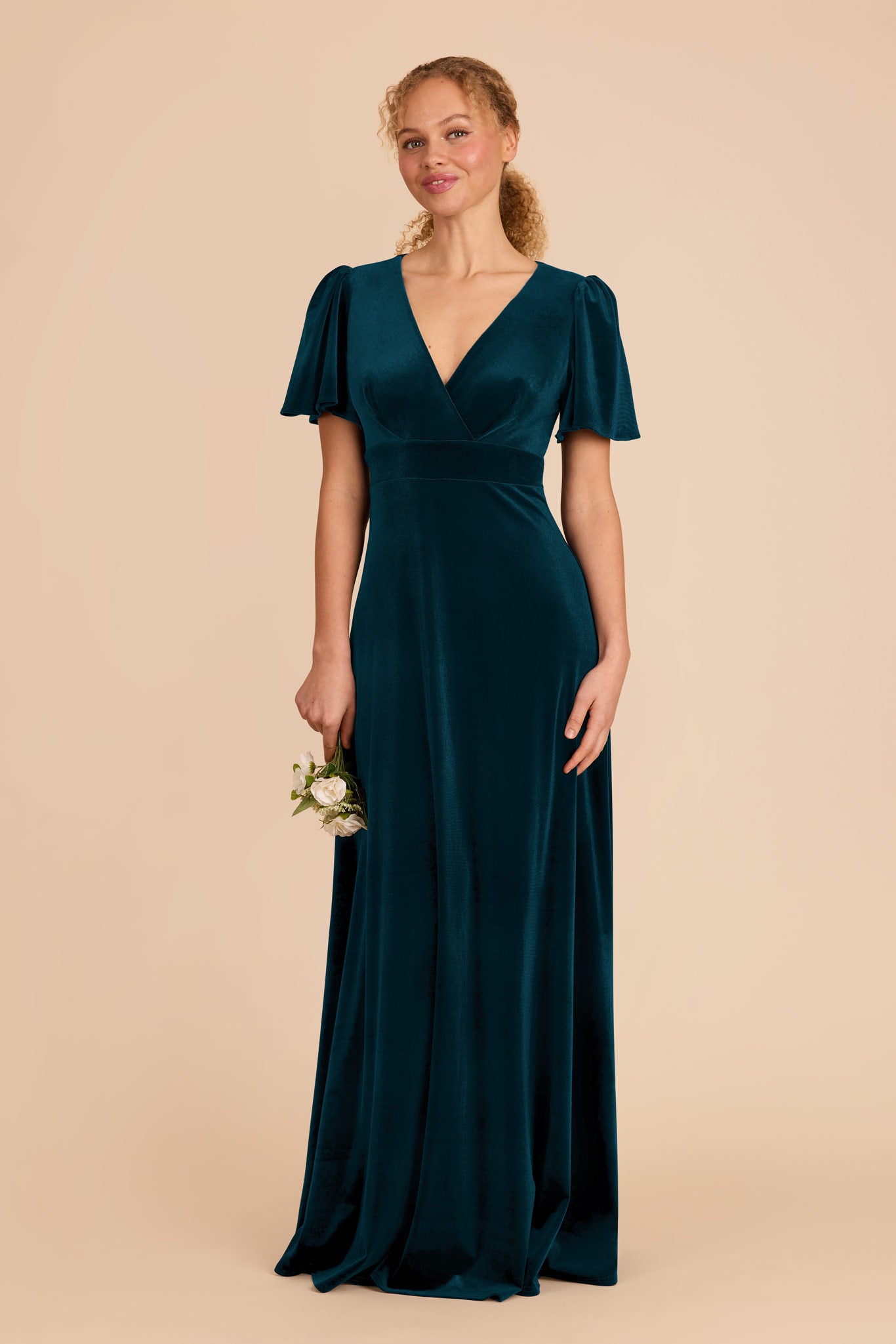Velvet Bridesmaid Dress with V-Neck & Flutter Sleeves | Marni