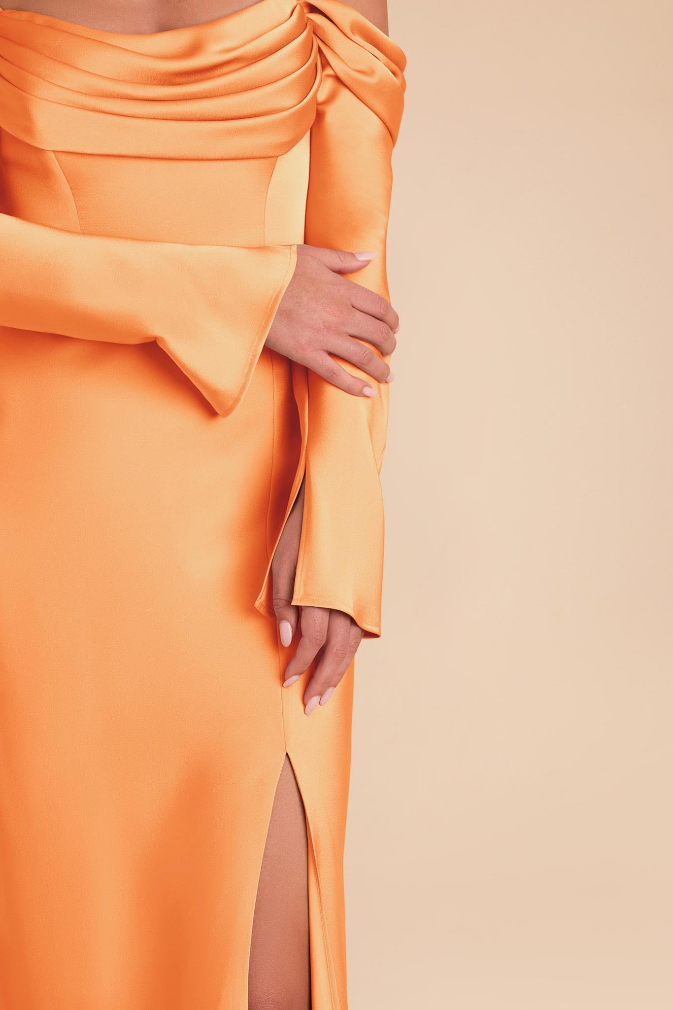 Off-the-Shoulder Bridesmaid Dress with Cowl Neck | Maya Matte Satin