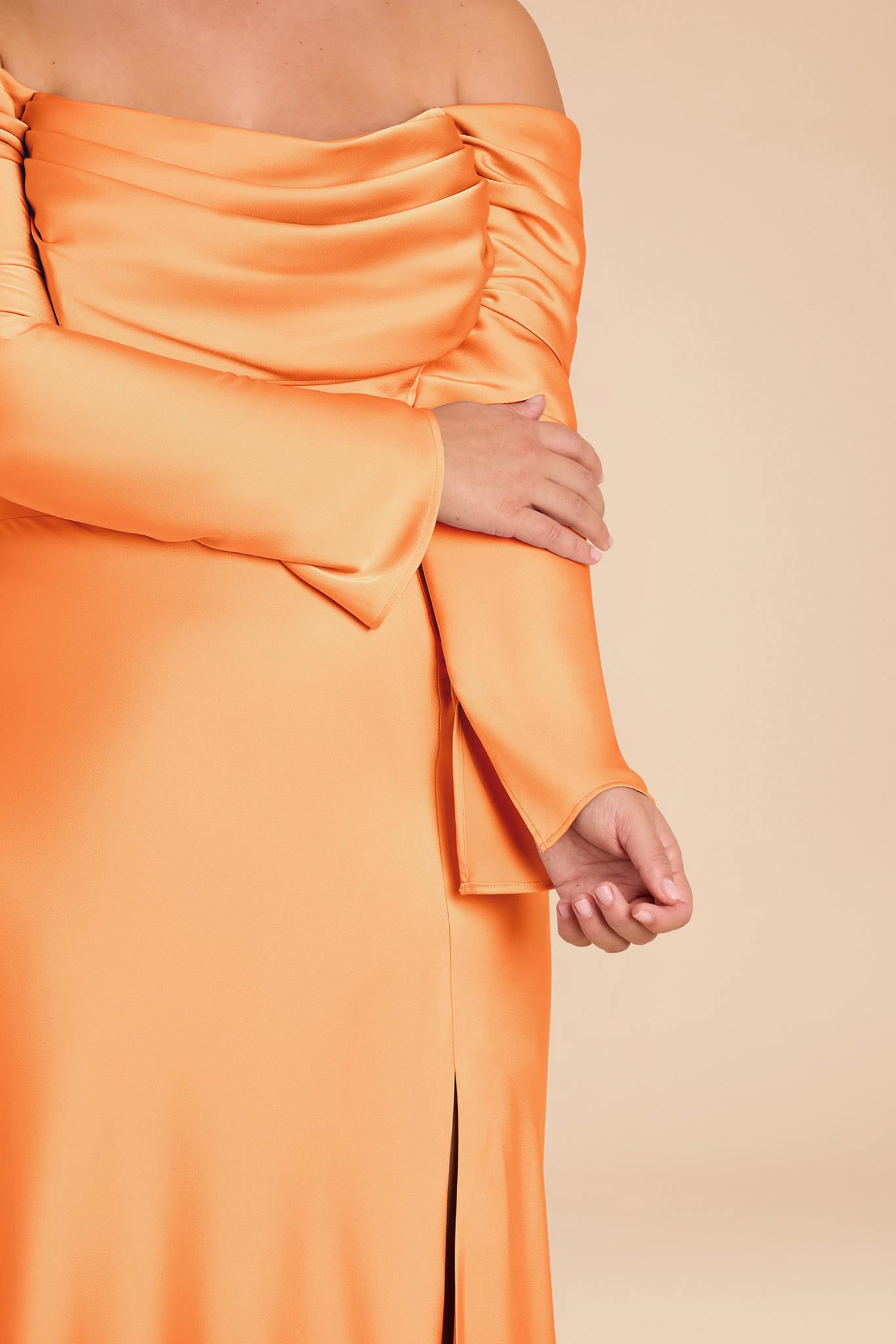 Off-the-Shoulder Bridesmaid Dress with Cowl Neck | Maya Matte Satin