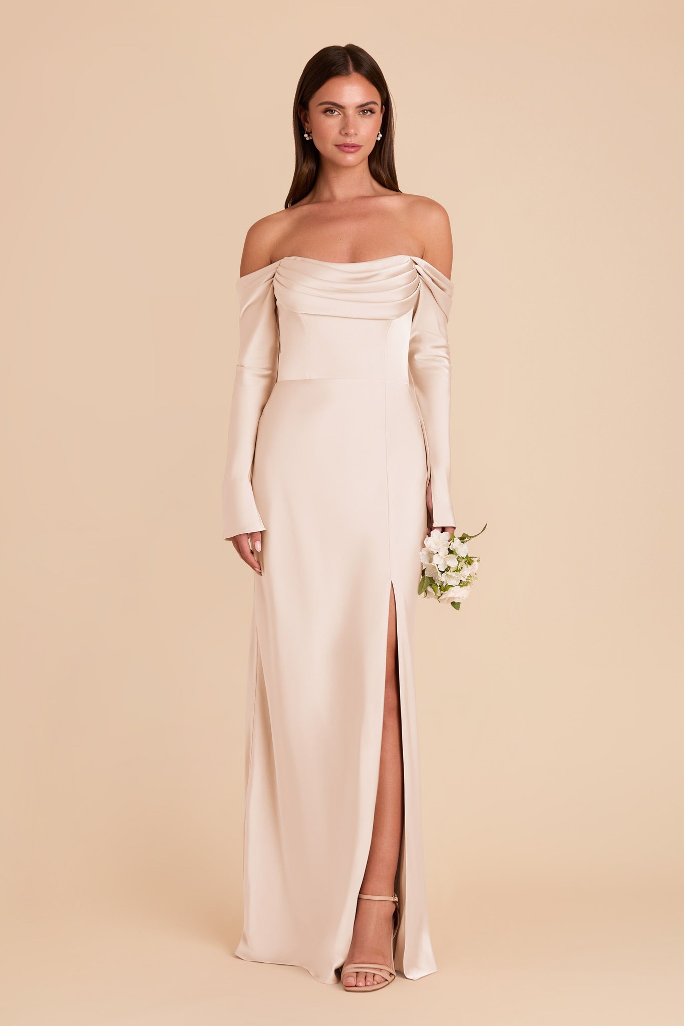 Champagne Satin Bridesmaid Dress with Cowl Neck | Maya Matte