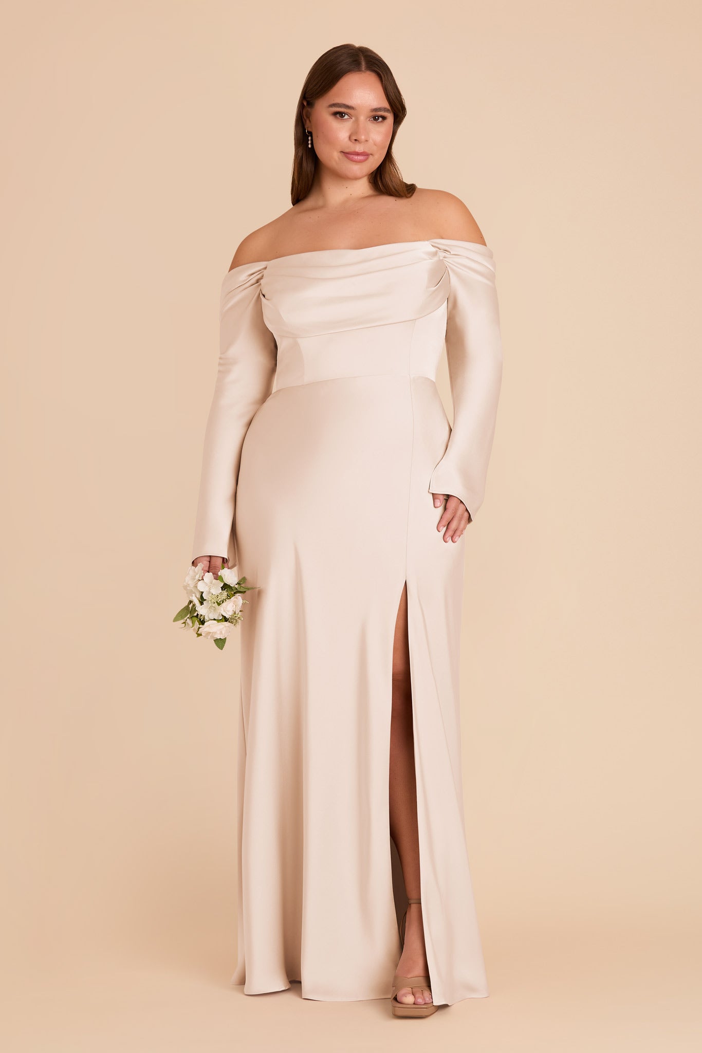 Champagne Satin Bridesmaid Dress with Cowl Neck | Maya Matte
