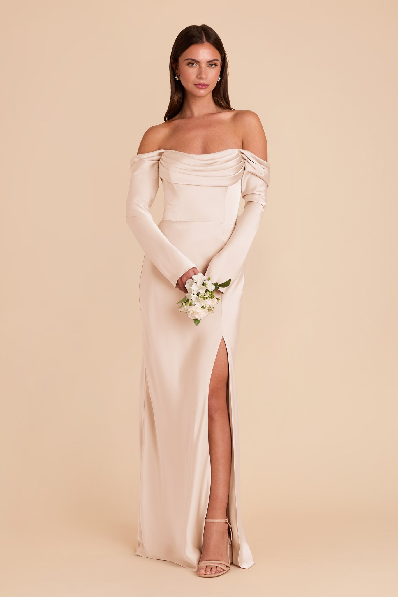 Champagne Satin Bridesmaid Dress with Cowl Neck | Maya Matte
