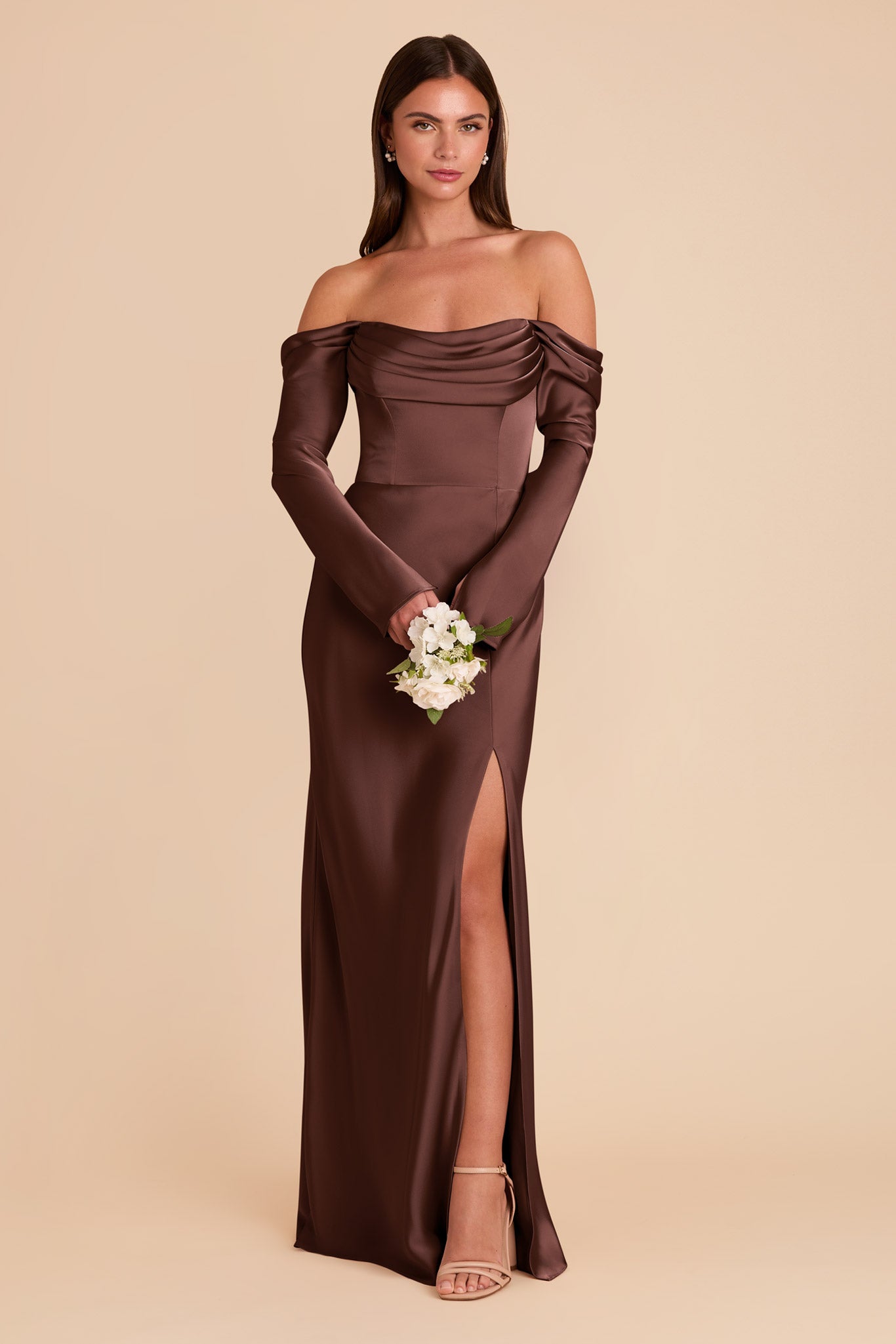 Chocolate Brown Satin Bridesmaid Dress with Cowl Neck | Maya Matte