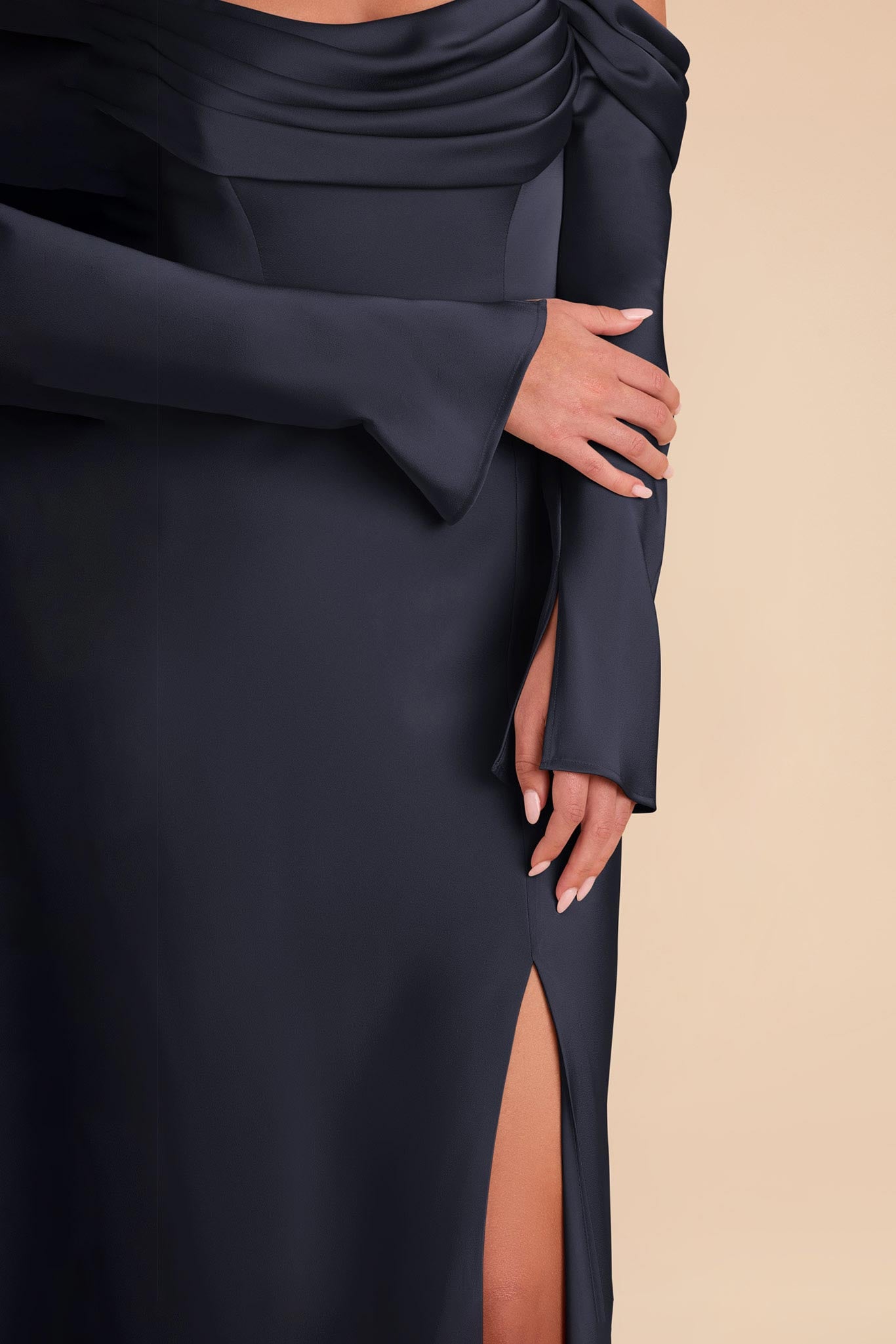 Off-the-Shoulder Bridesmaid Dress with Cowl Neck | Maya Matte Satin