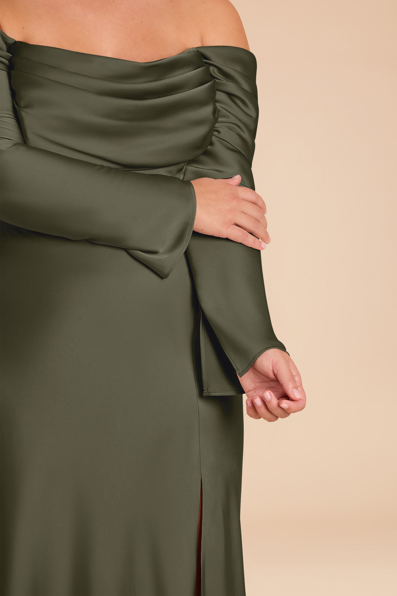 Off-the-Shoulder Bridesmaid Dress with Cowl Neck | Maya Matte Satin