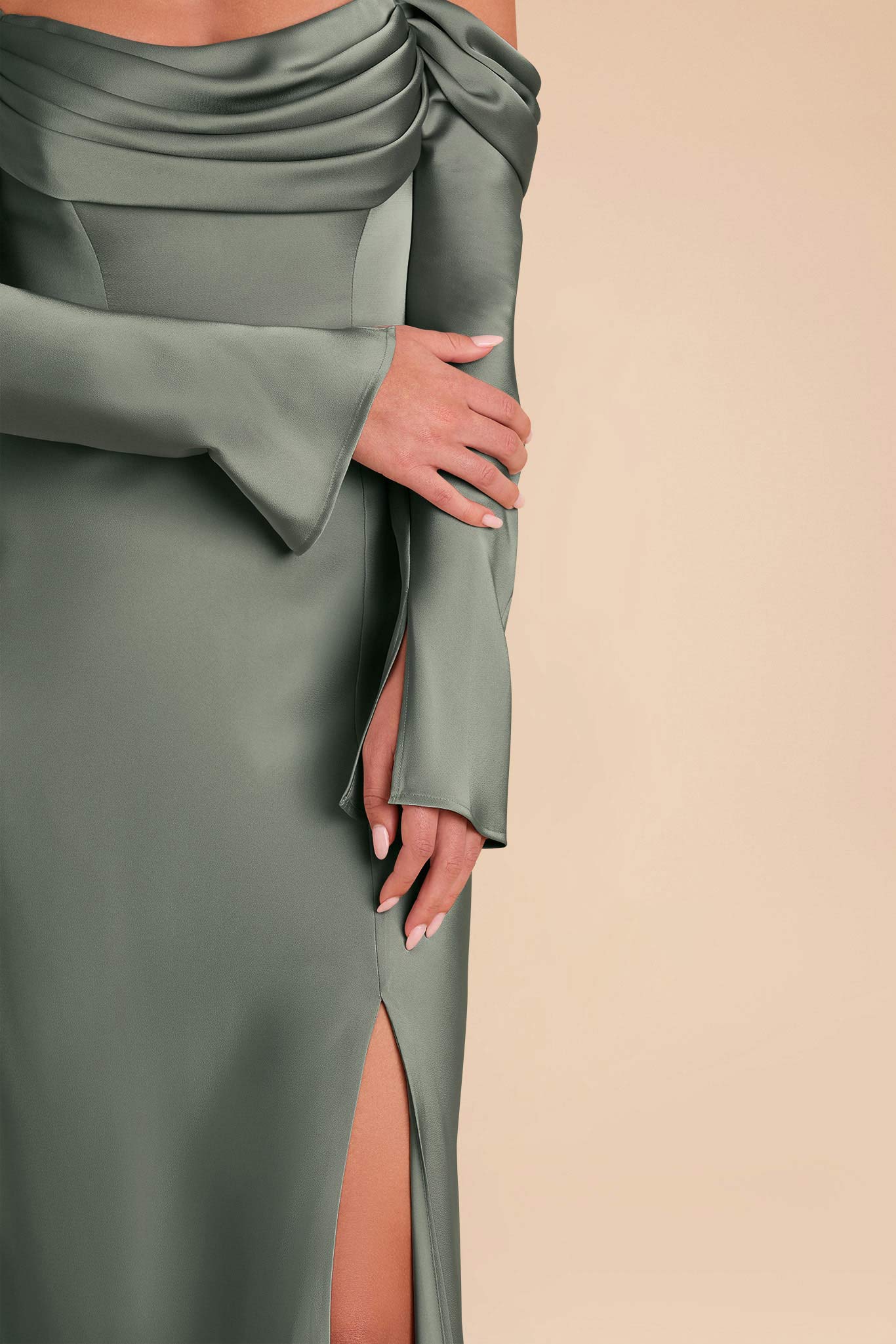Off-the-Shoulder Bridesmaid Dress with Cowl Neck | Maya Matte Satin